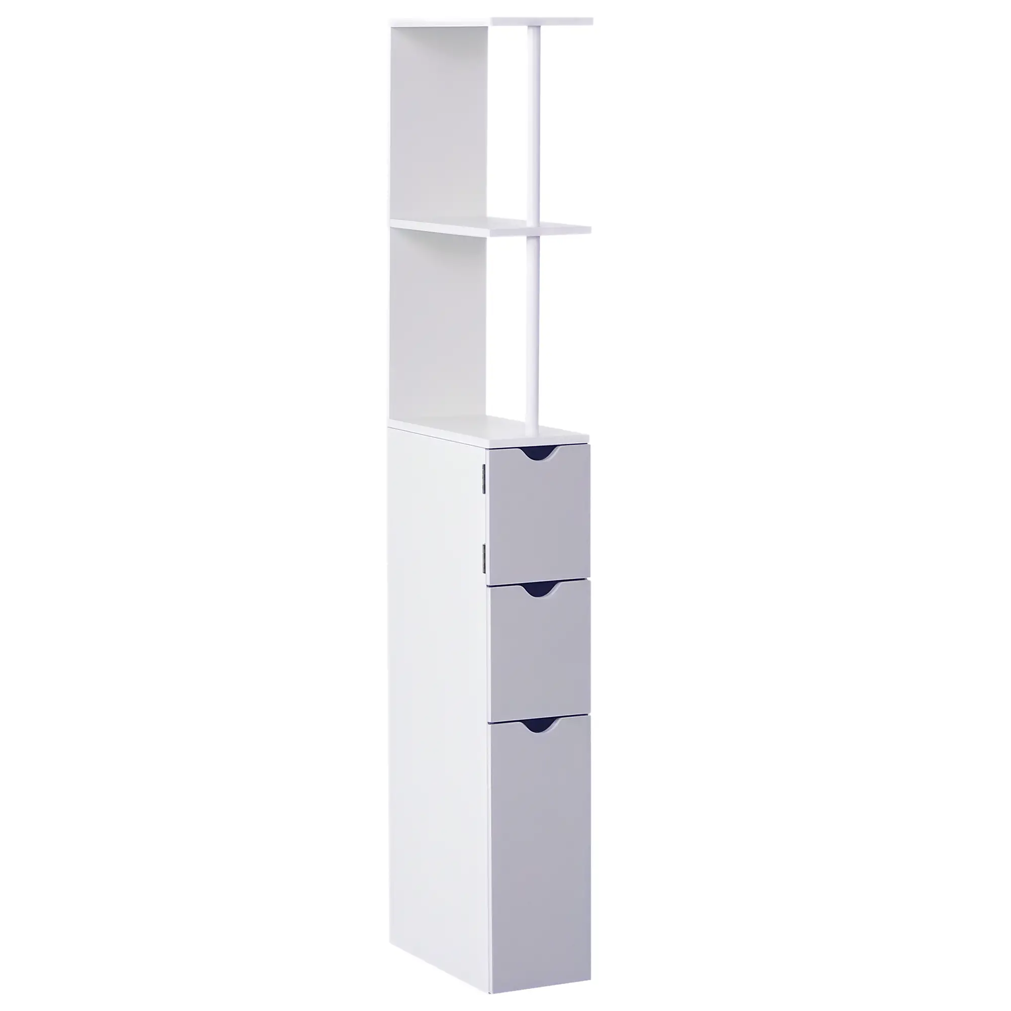 Tall Narrow Bathroom Storage Cabinet with Drawers, Open Shelves, White Grey