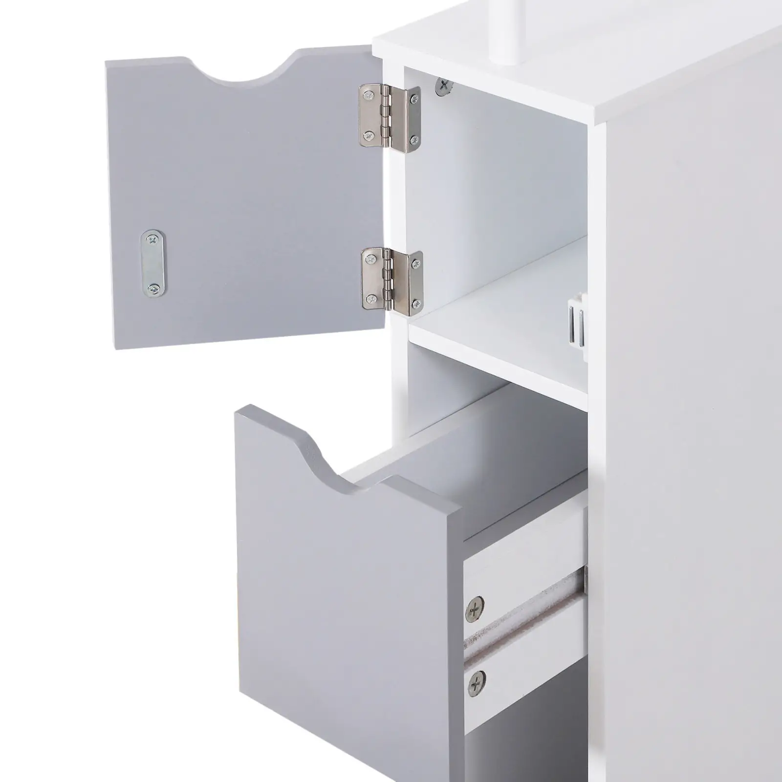 Tall Narrow Bathroom Storage Cabinet with Drawers, Open Shelves, White Grey - Image 10
