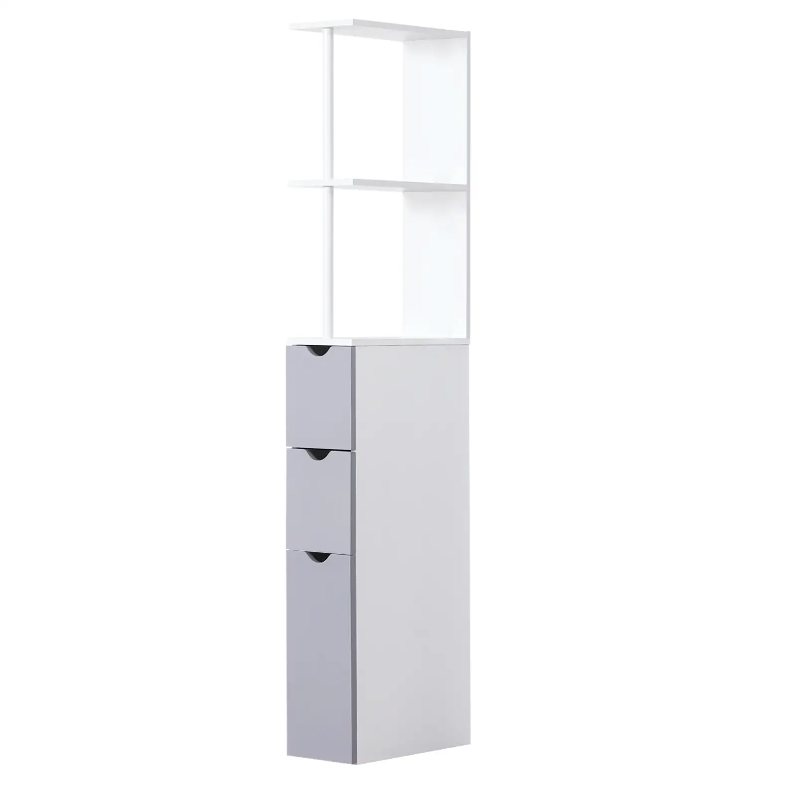 Tall Narrow Bathroom Storage Cabinet with Drawers, Open Shelves, White Grey - Image 11