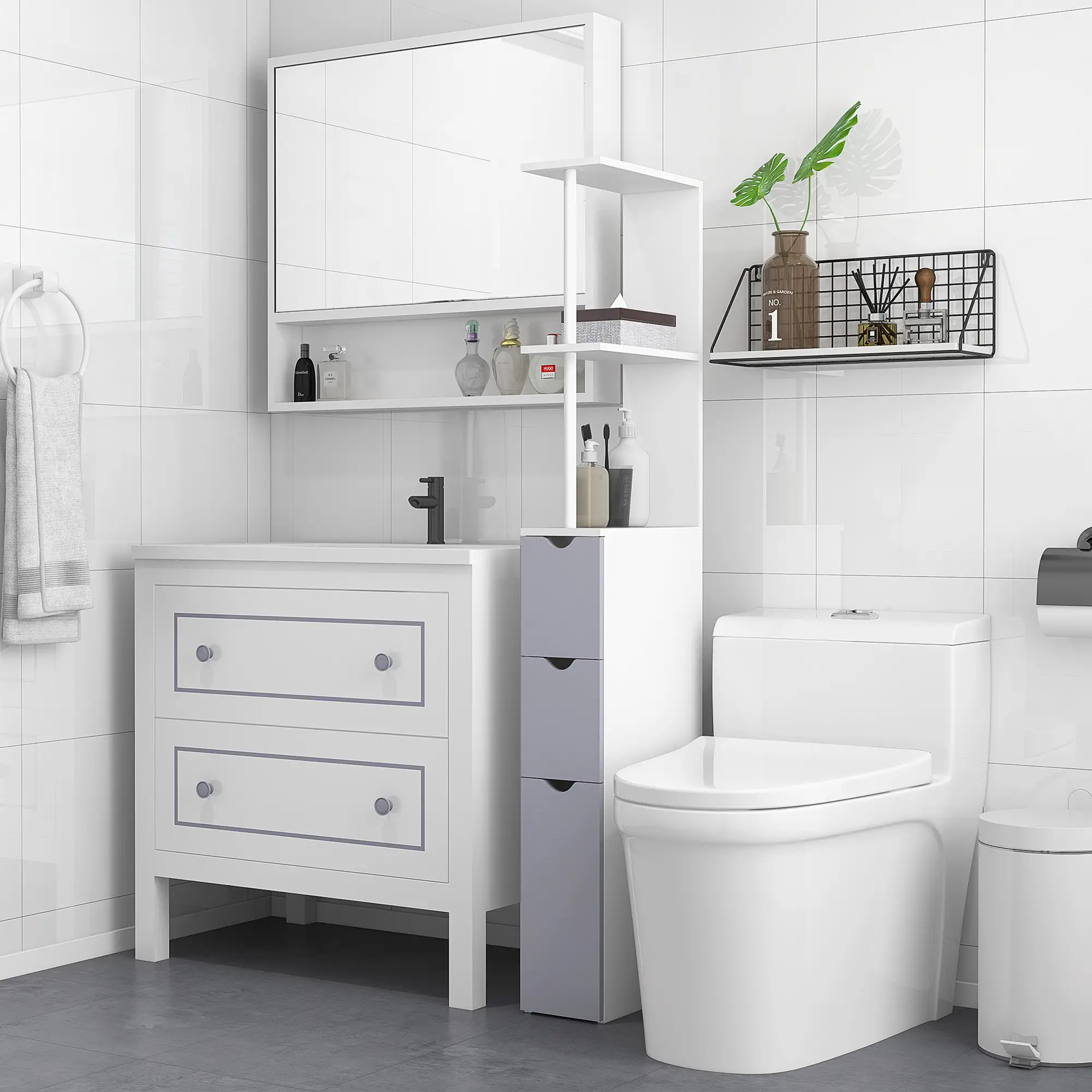 Tall Narrow Bathroom Storage Cabinet with Drawers, Open Shelves, White Grey - Image 2