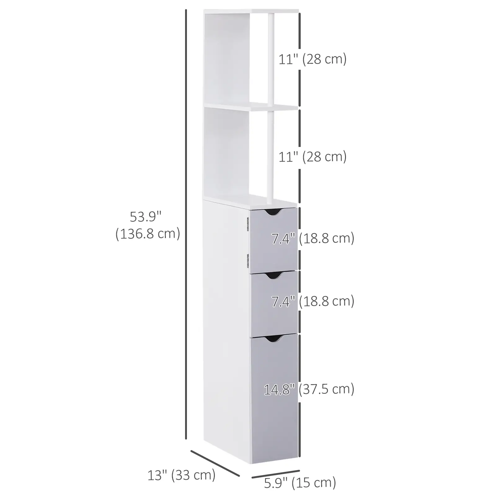 Tall Narrow Bathroom Storage Cabinet with Drawers, Open Shelves, White Grey - Image 3
