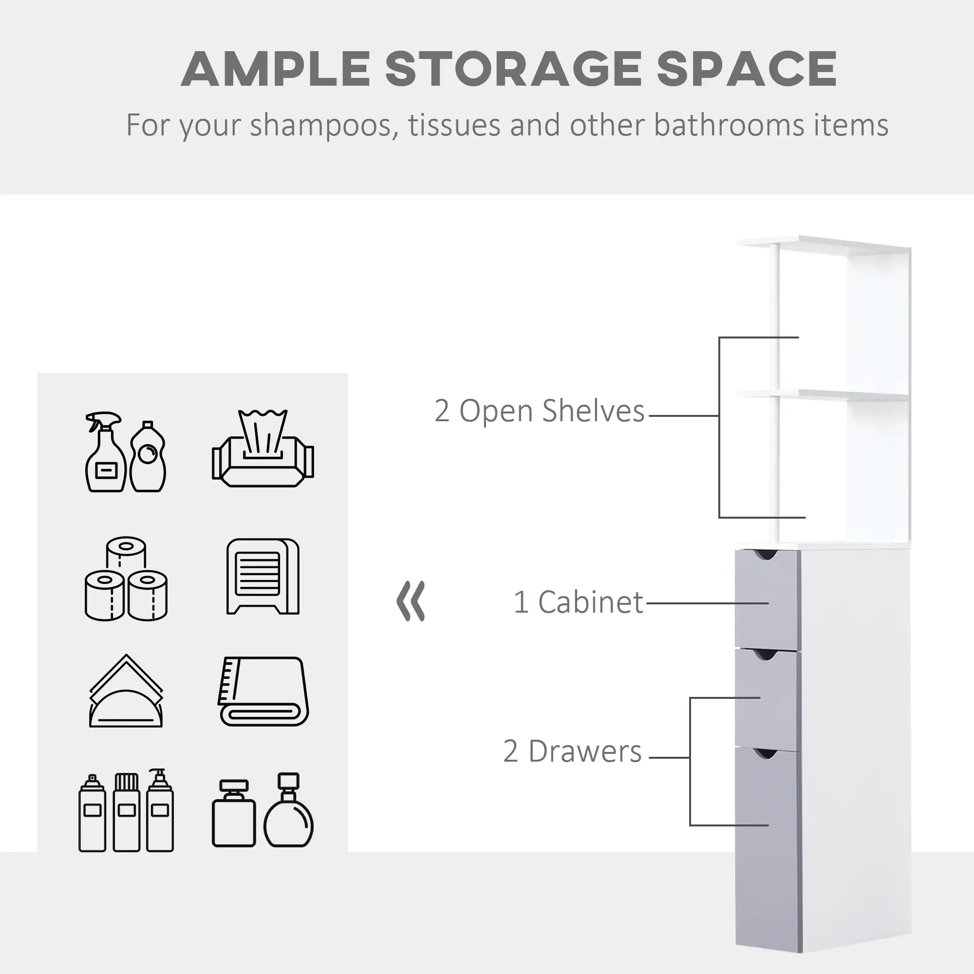 Tall Narrow Bathroom Storage Cabinet with Drawers, Open Shelves, White Grey - Image 4
