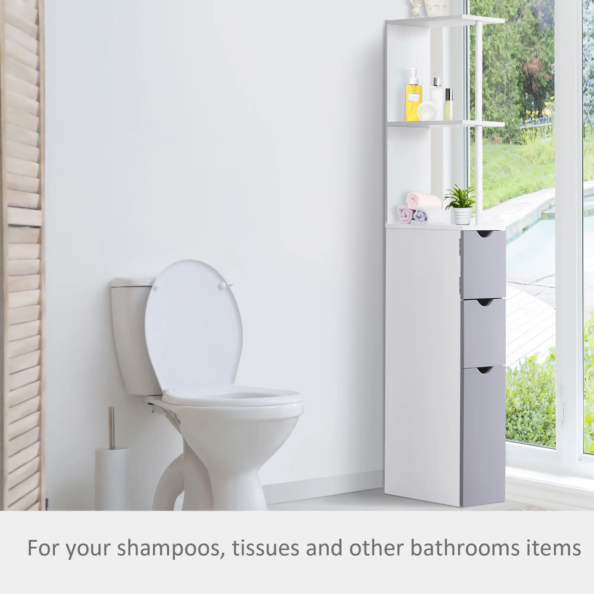 Tall Narrow Bathroom Storage Cabinet with Drawers, Open Shelves, White Grey - Image 5