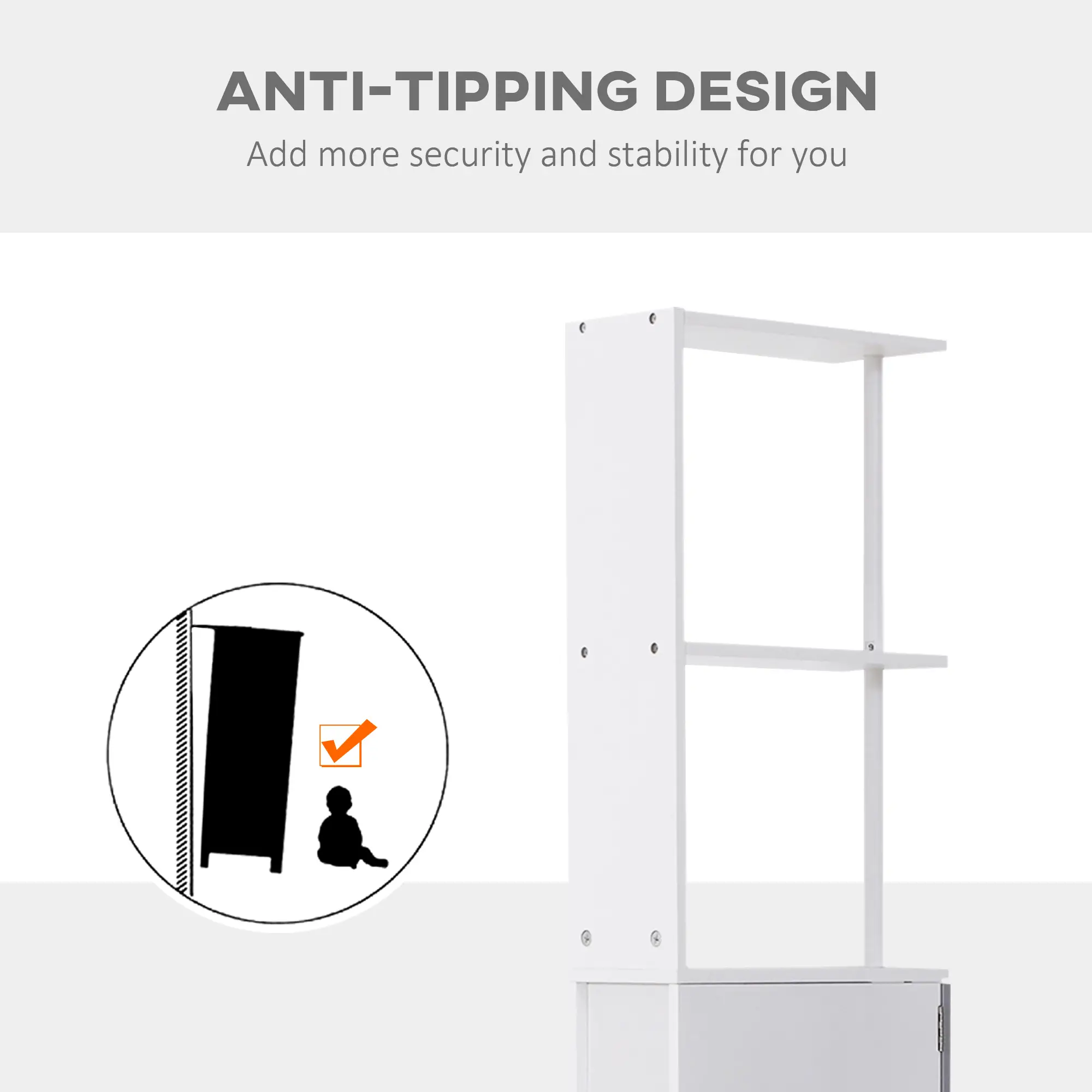 Tall Narrow Bathroom Storage Cabinet with Drawers, Open Shelves, White Grey - Image 6