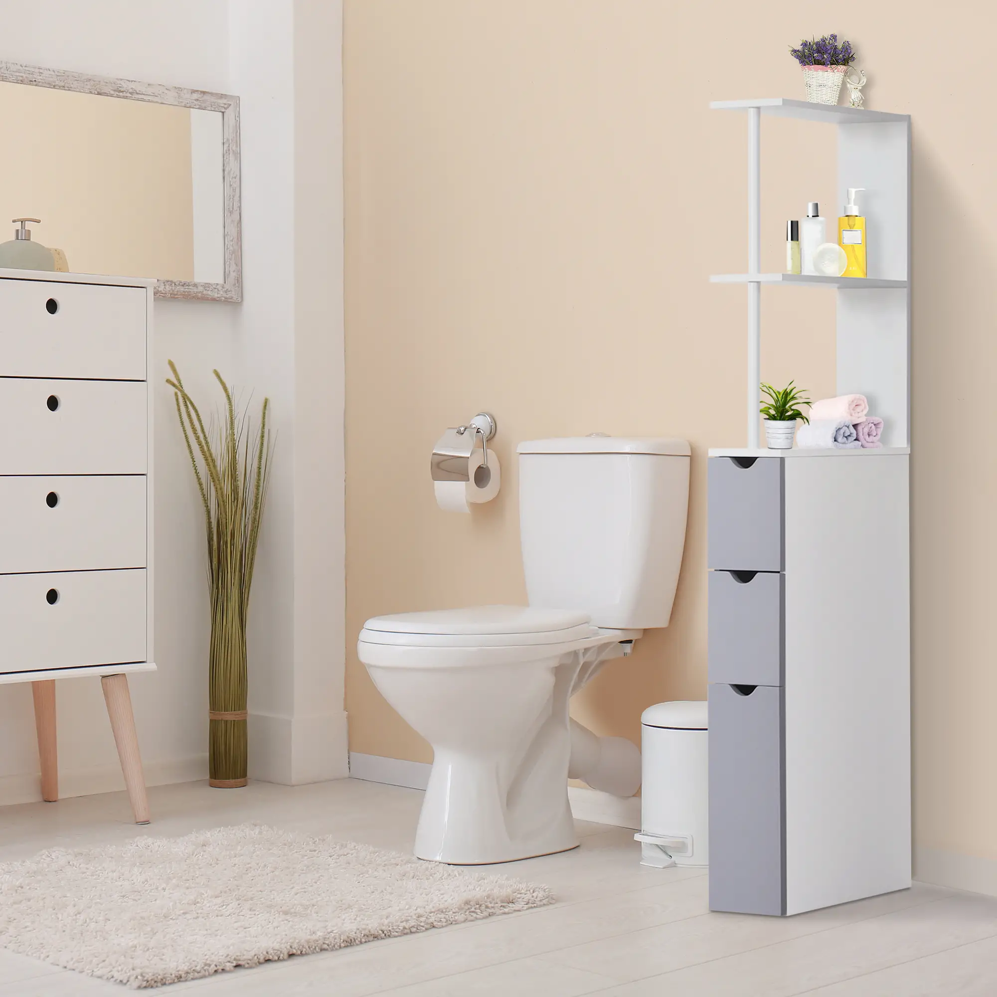 Tall Narrow Bathroom Storage Cabinet with Drawers, Open Shelves, White Grey - Image 7