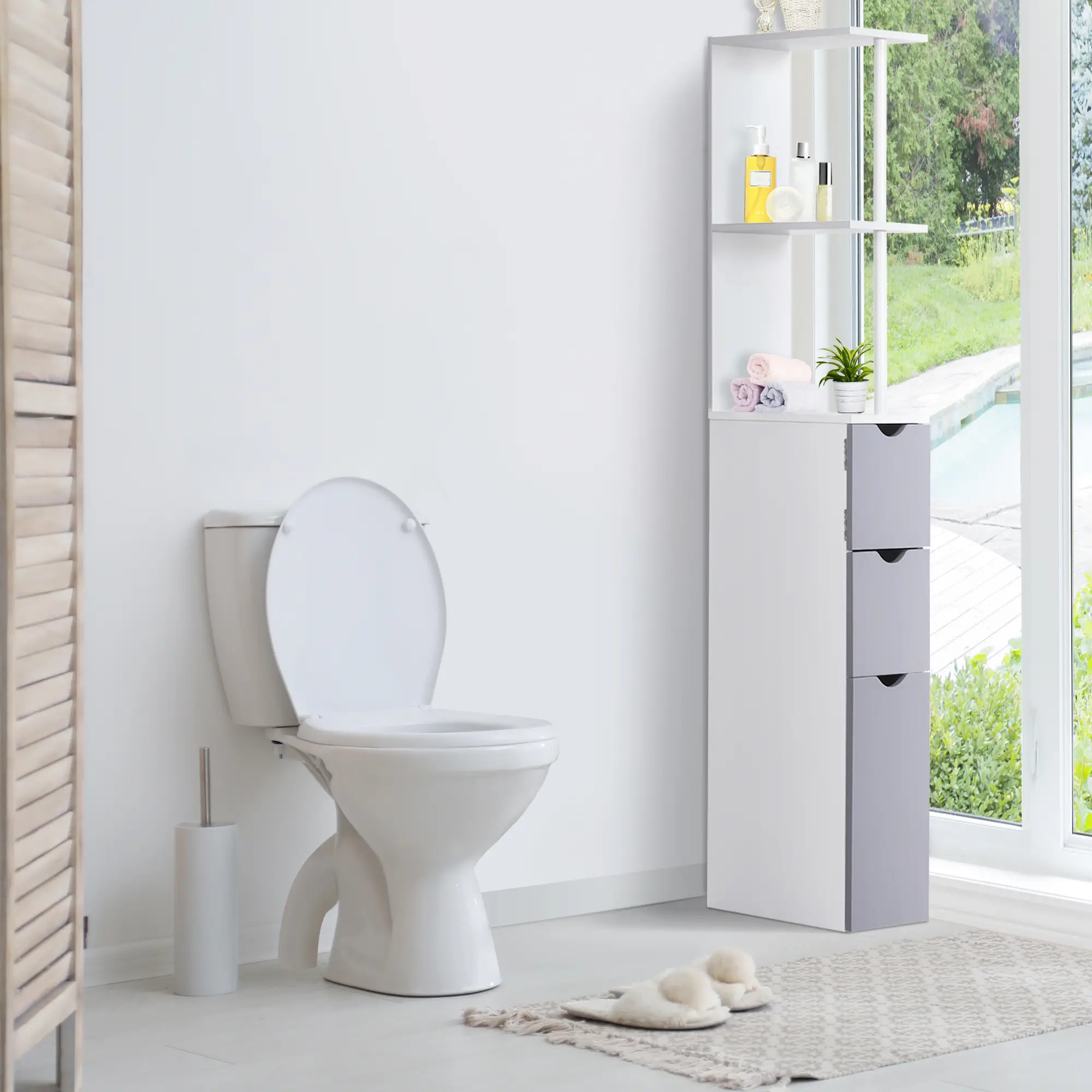 Tall Narrow Bathroom Storage Cabinet with Drawers, Open Shelves, White Grey - Image 8
