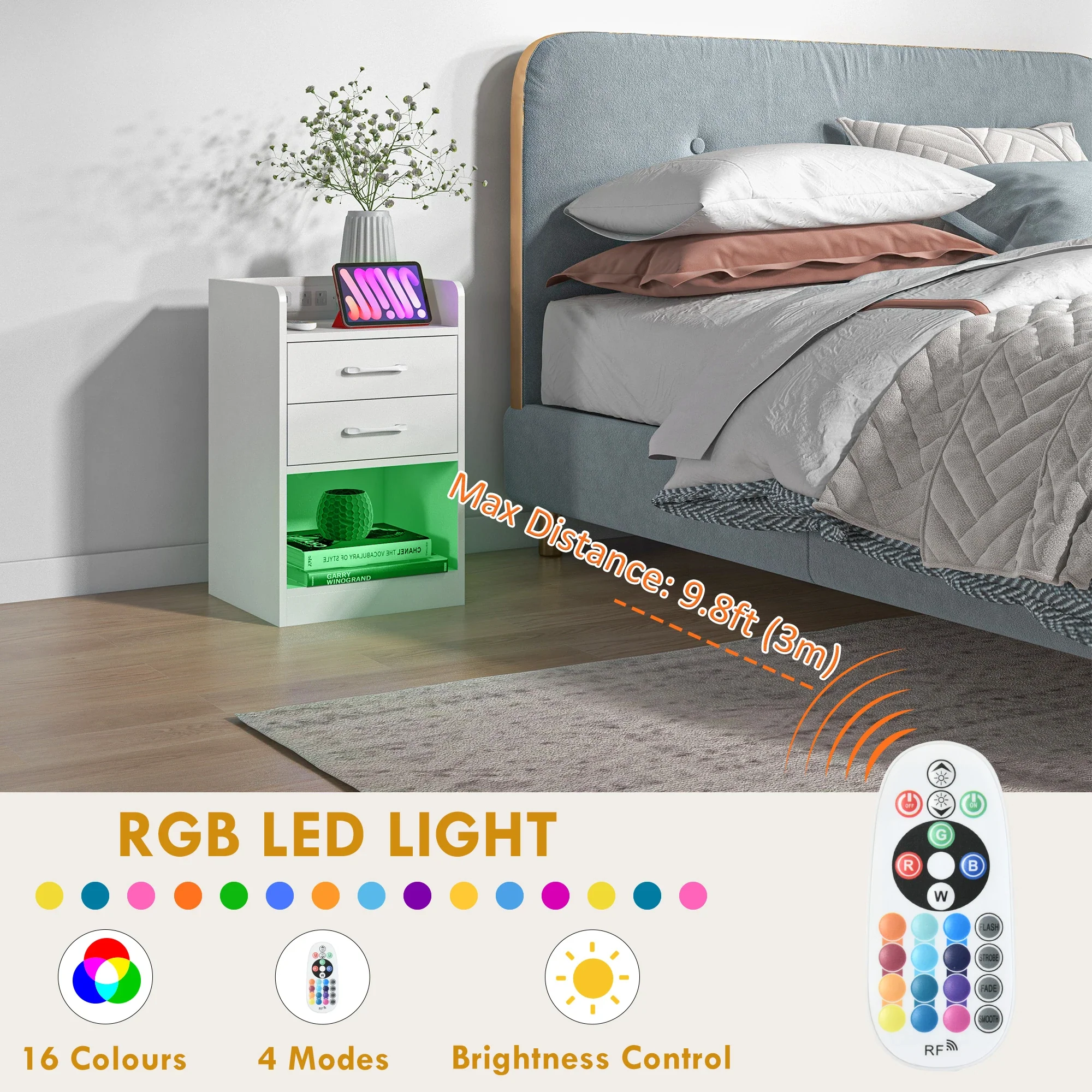 Tall Nightstand with Charging Station and LED Lights, Small Bedside Table with AC Outlets, USB Ports, 2 Drawers, Shelf - Image 4
