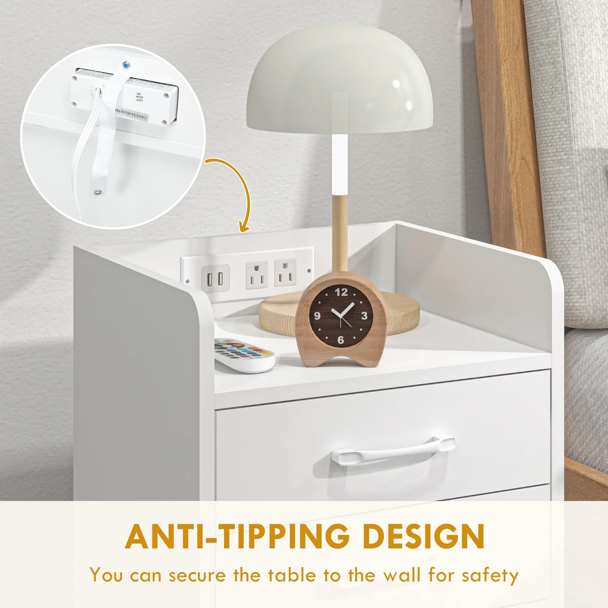 Tall Nightstand with Charging Station and LED Lights, Small Bedside Table with AC Outlets, USB Ports, 2 Drawers, Shelf - Image 7