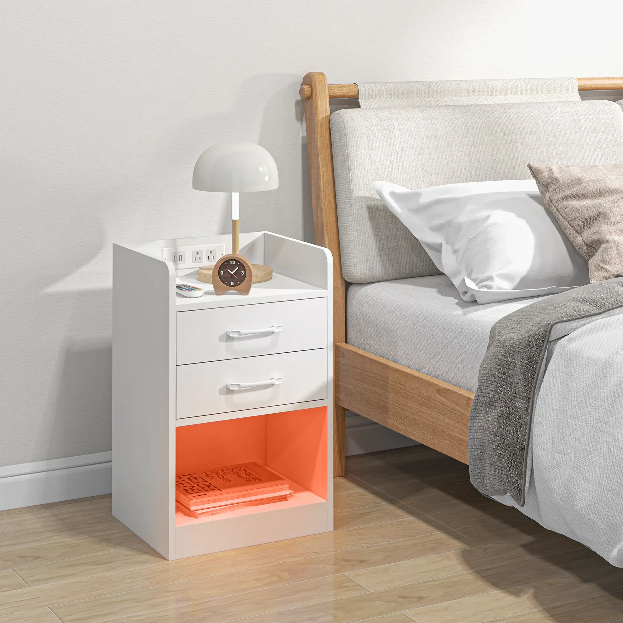 Tall Nightstand with Charging Station and LED Lights, Small Bedside Table with AC Outlets, USB Ports, 2 Drawers, Shelf - Image 8