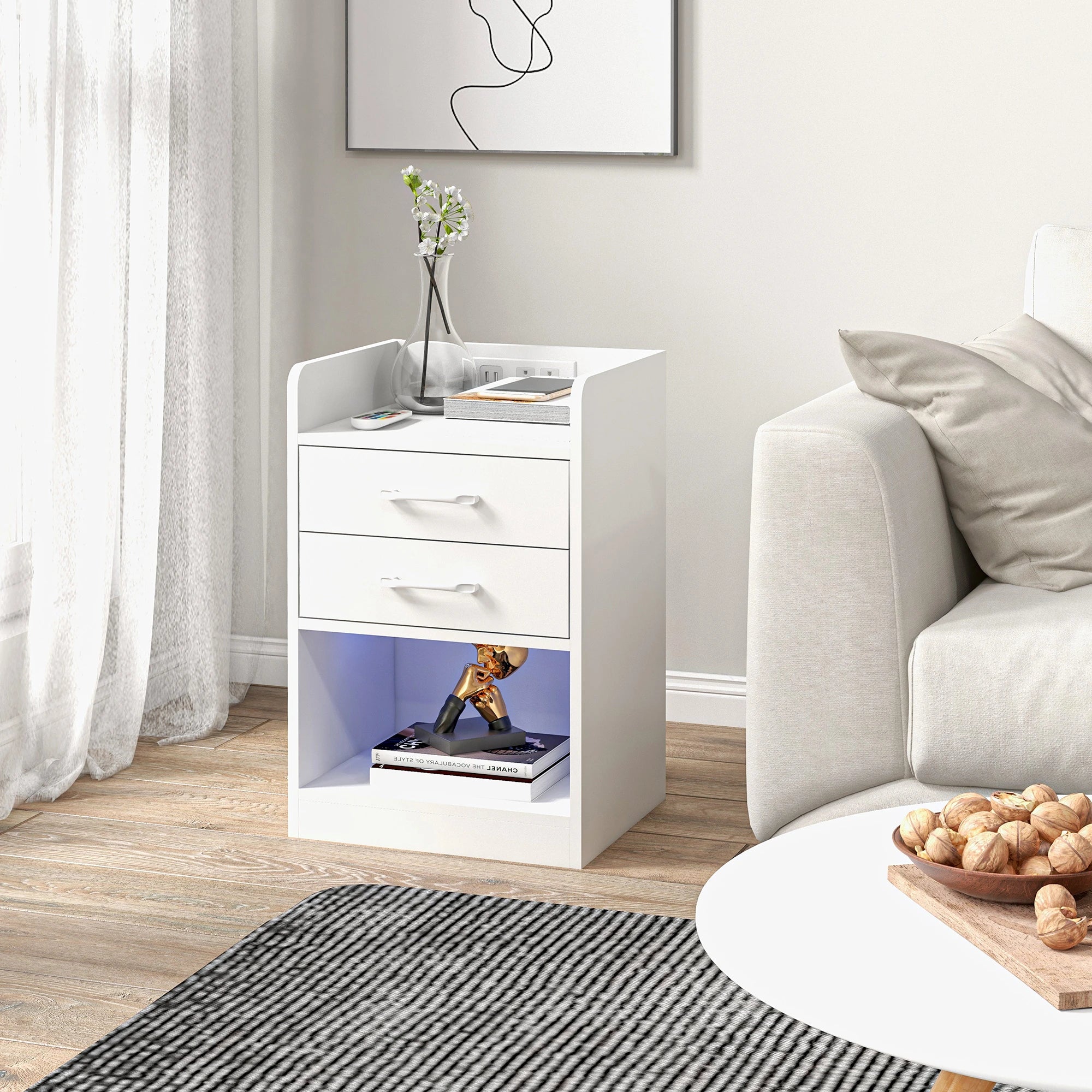 Tall Nightstand with Charging Station and LED Lights, Small Bedside Table with AC Outlets, USB Ports, 2 Drawers, Shelf - Image 9