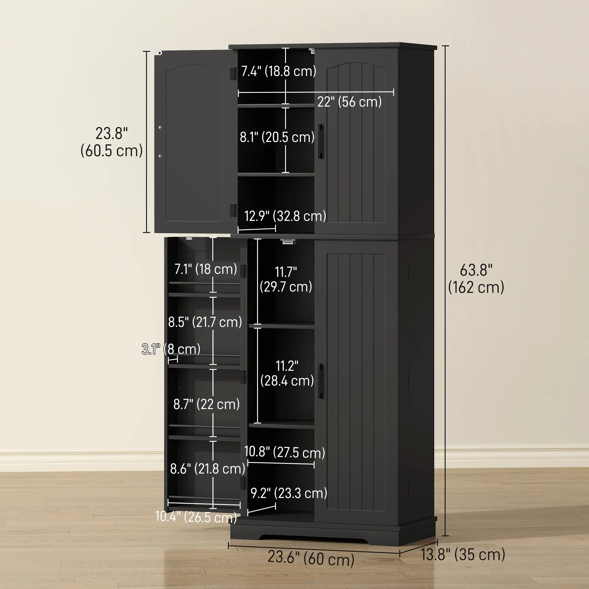 Tall Pantry Cabinet, 64 Inch, Adjustable Shelves, Spice Racks, Black - Image 3