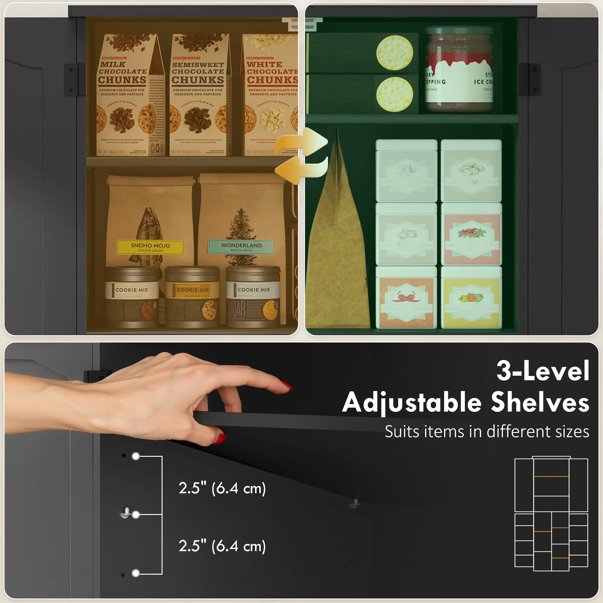 Tall Pantry Cabinet, 64 Inch, Adjustable Shelves, Spice Racks, Black - Image 5