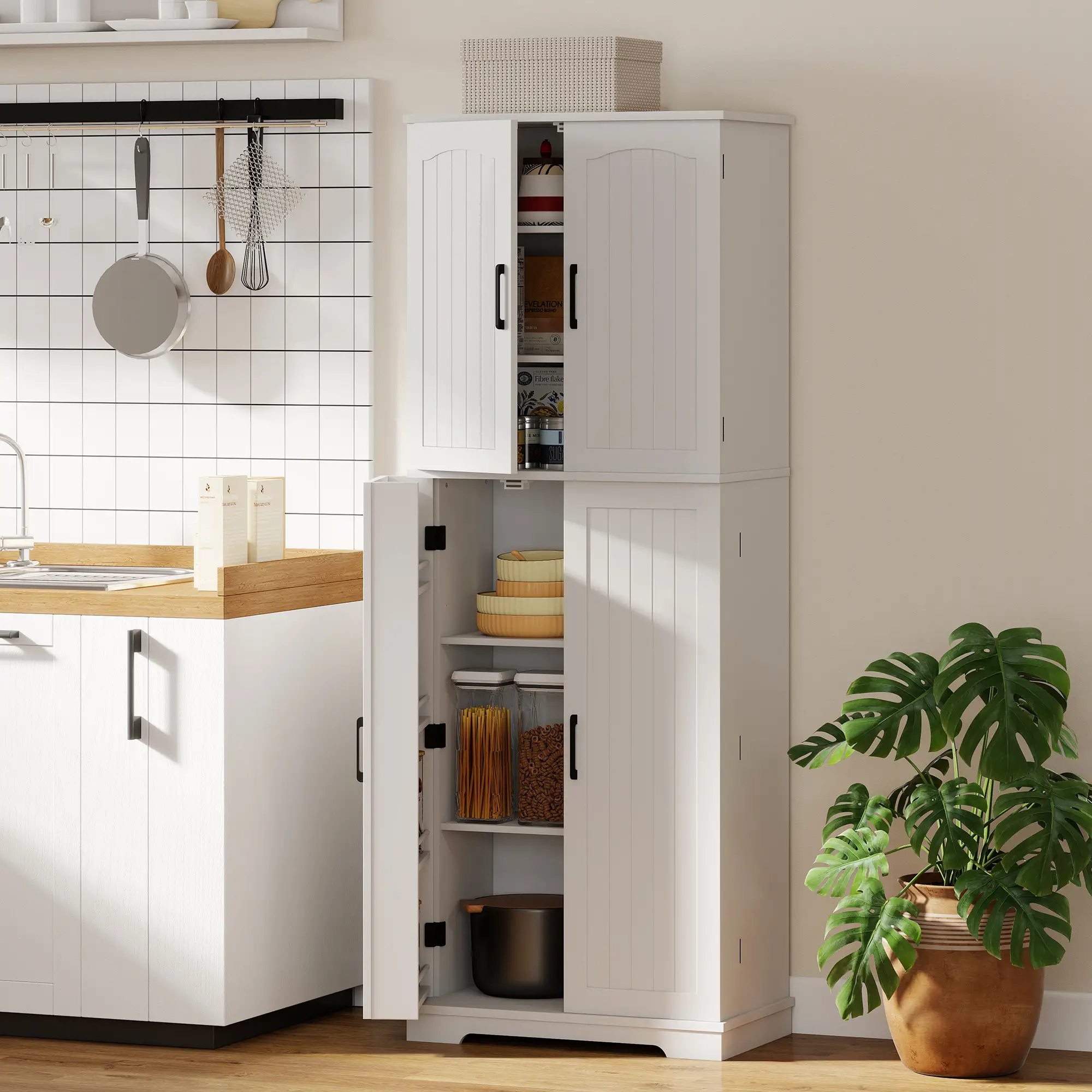 Tall Pantry Cabinet, 64 Inch, Adjustable Shelves, Spice Racks, White - Image 2