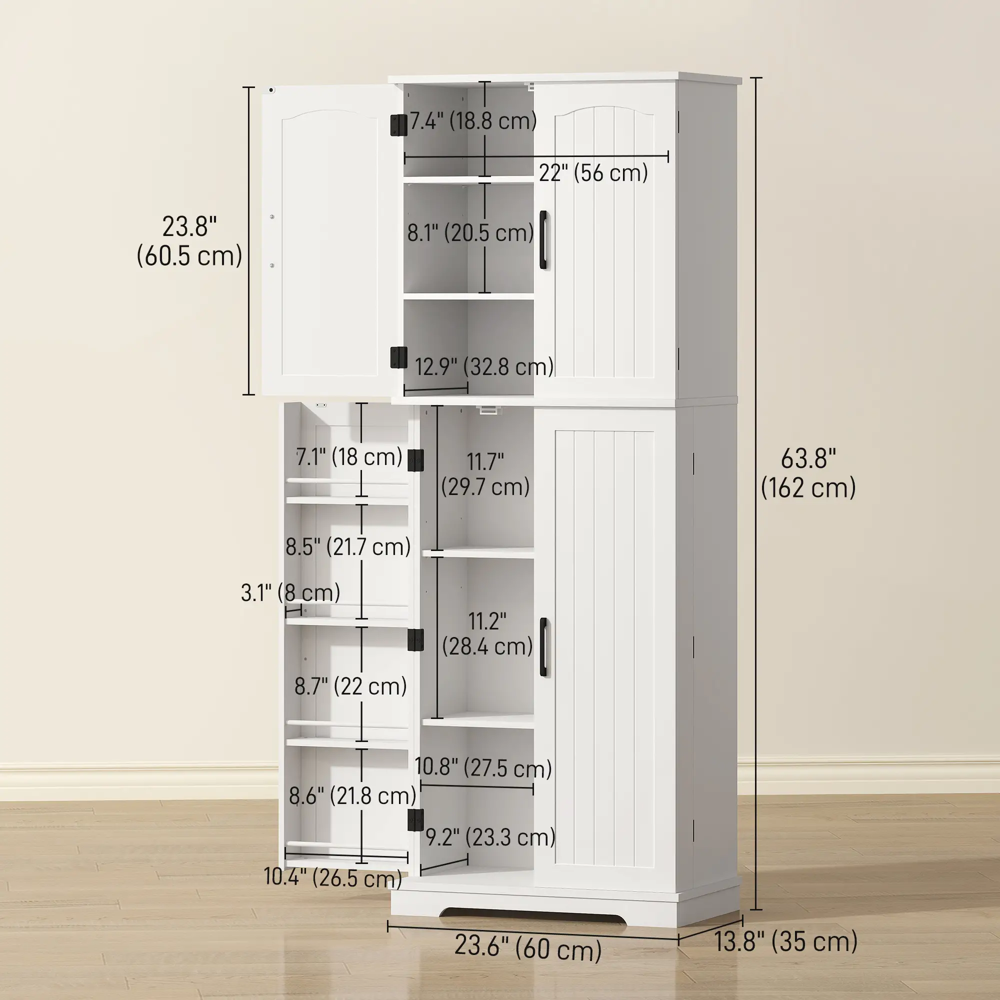 Tall Pantry Cabinet, 64 Inch, Adjustable Shelves, Spice Racks, White - Image 3