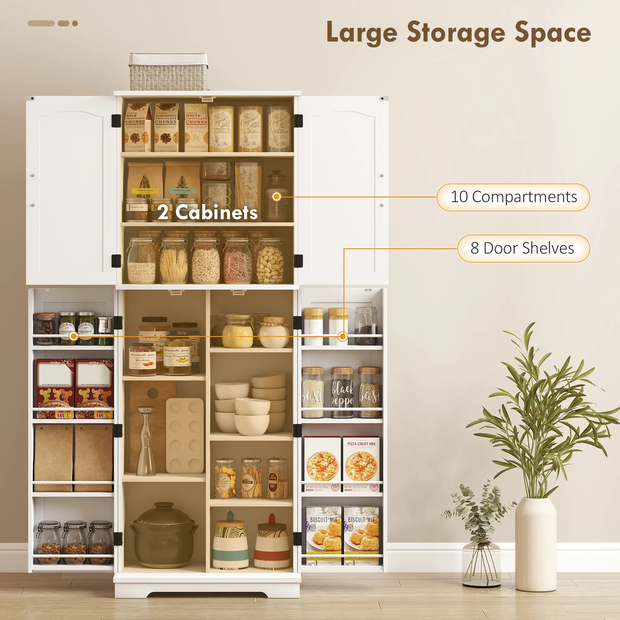 Tall Pantry Cabinet, 64 Inch, Adjustable Shelves, Spice Racks, White - Image 4