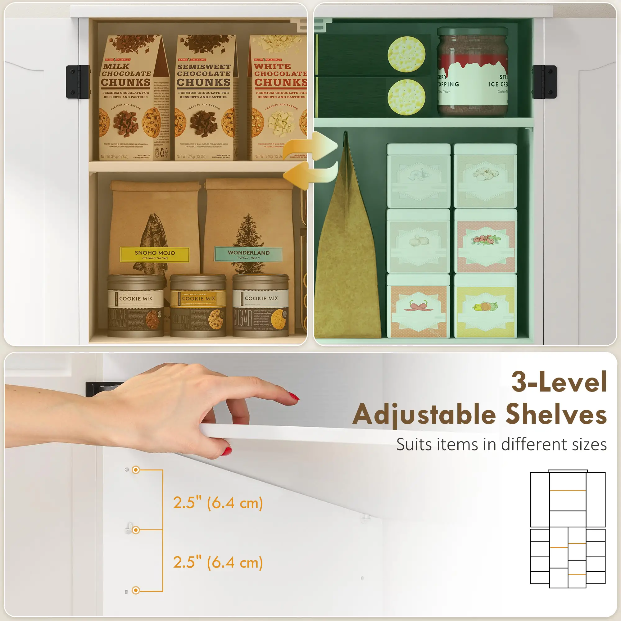 Tall Pantry Cabinet, 64 Inch, Adjustable Shelves, Spice Racks, White - Image 5
