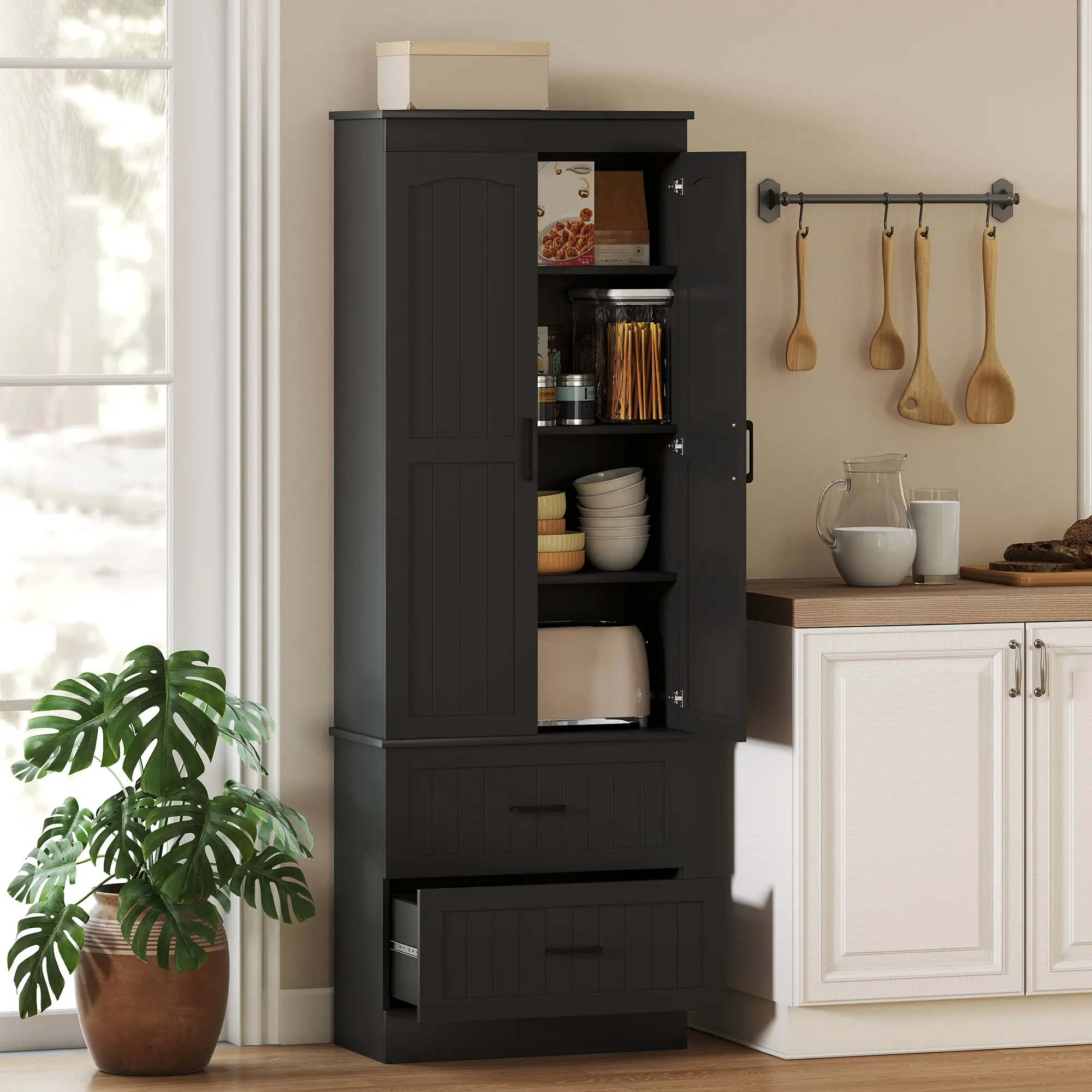 Tall Pantry Cabinet, 67", Kitchen Storage with Adjustable Shelves, Black - Image 2