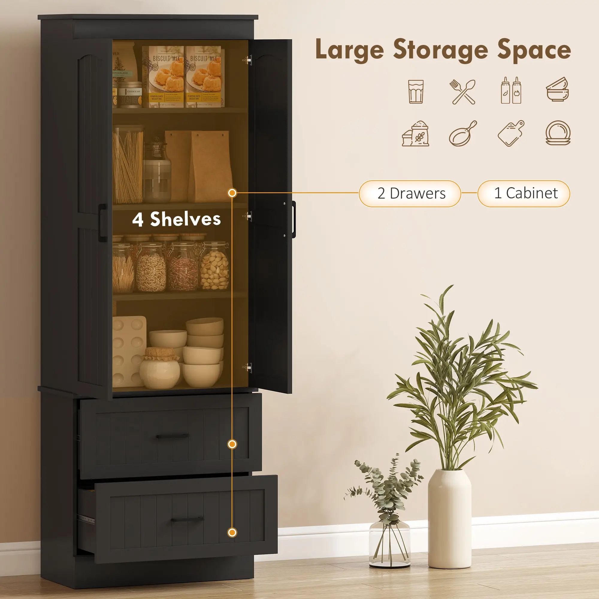 Tall Pantry Cabinet, 67", Kitchen Storage with Adjustable Shelves, Black - Image 4