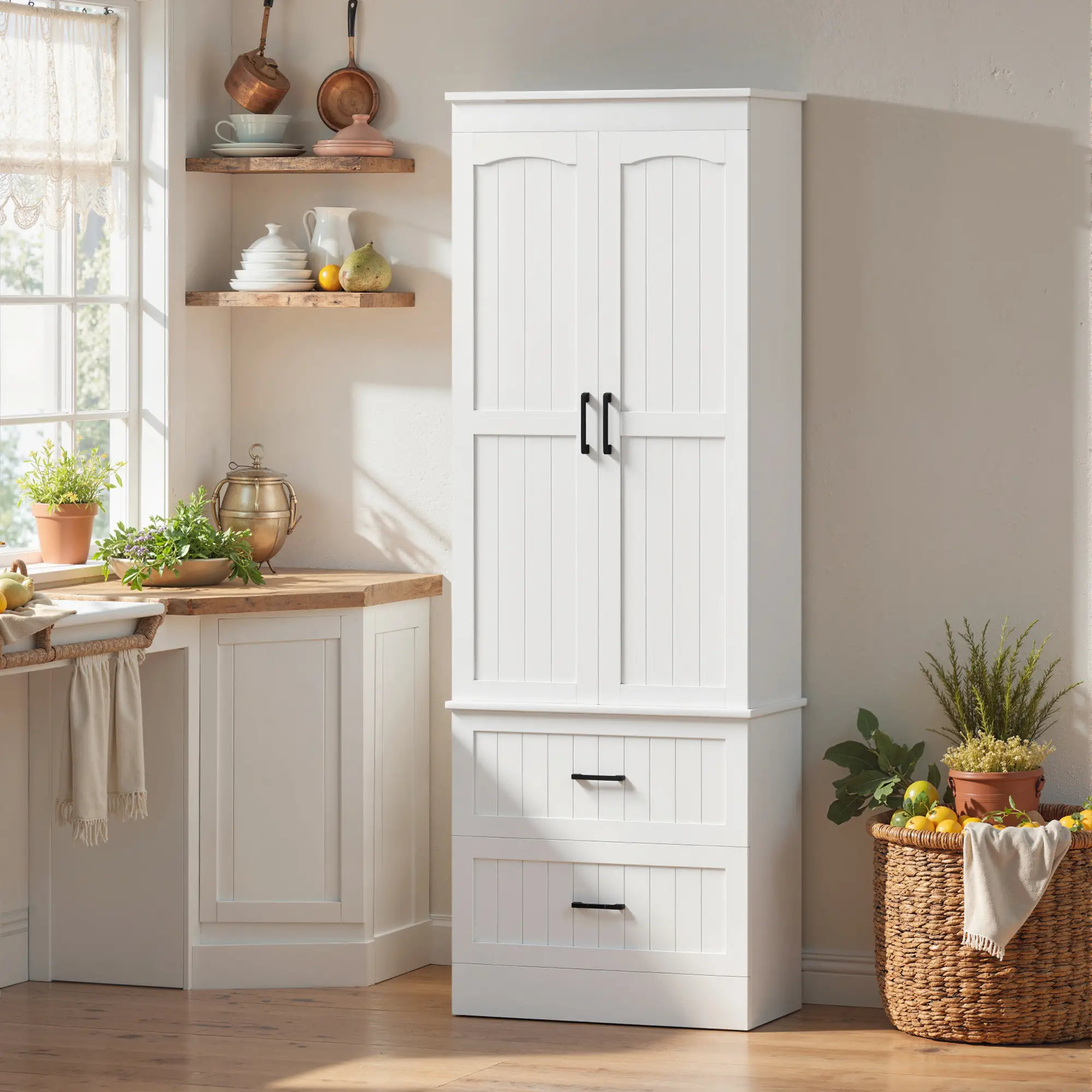 Tall Pantry Cabinet, 67 Inch, Adjustable Shelves, 2 Drawers, White - Image 10