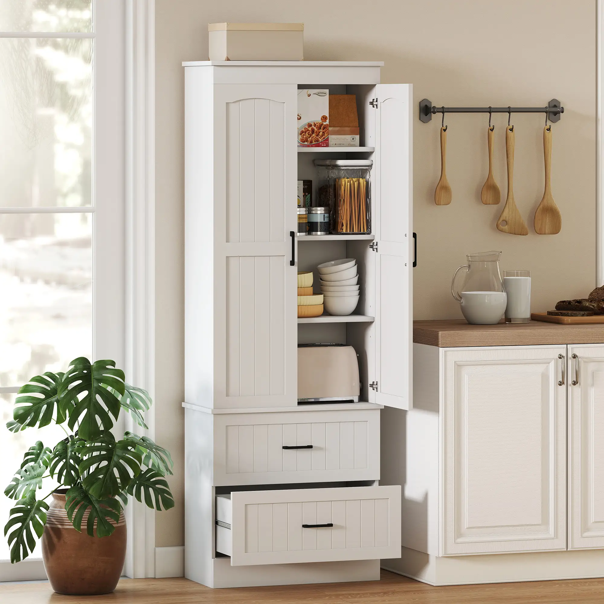 Tall Pantry Cabinet, 67 Inch, Adjustable Shelves, 2 Drawers, White - Image 2