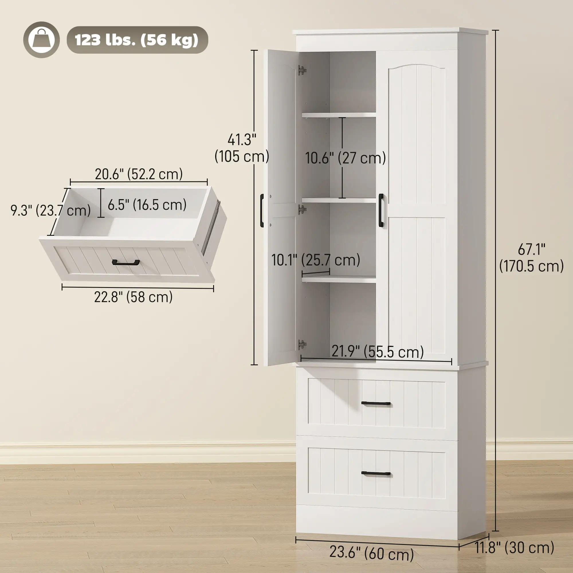 Tall Pantry Cabinet, 67 Inch, Adjustable Shelves, 2 Drawers, White - Image 3