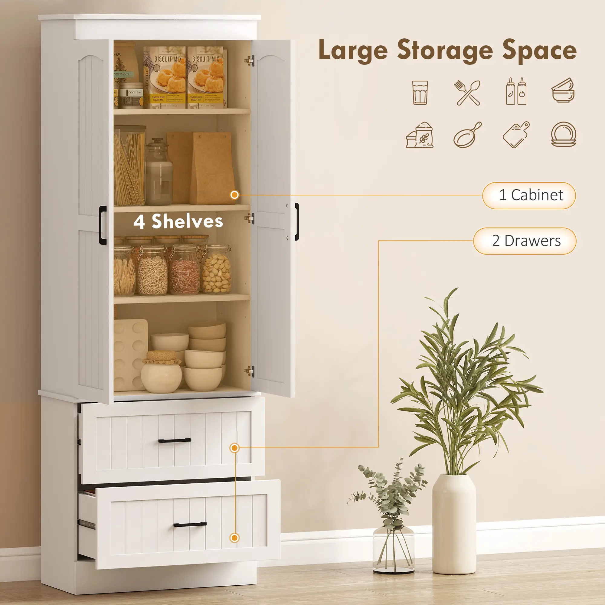 Tall Pantry Cabinet, 67 Inch, Adjustable Shelves, 2 Drawers, White - Image 4