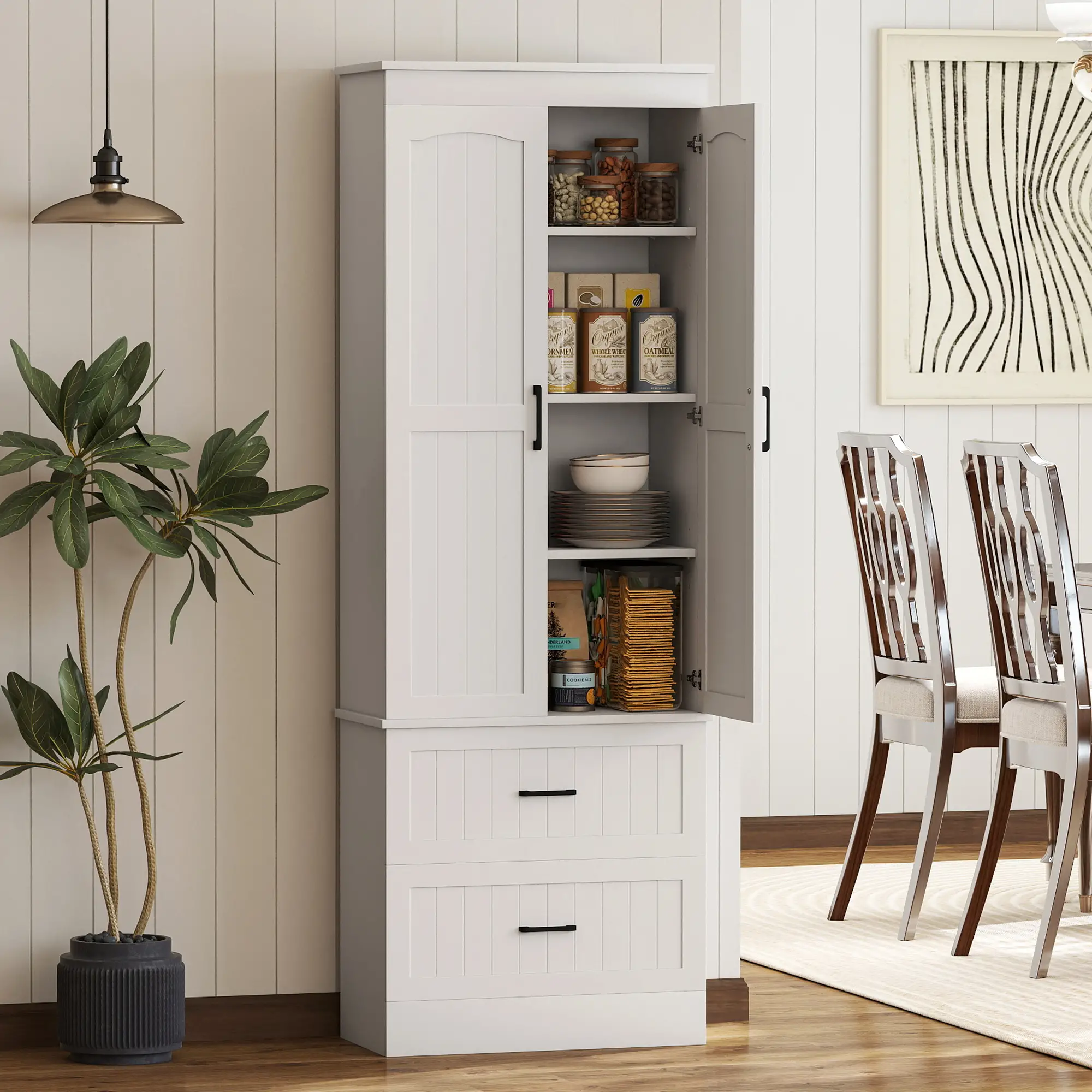 Tall Pantry Cabinet, 67 Inch, Adjustable Shelves, 2 Drawers, White - Image 8