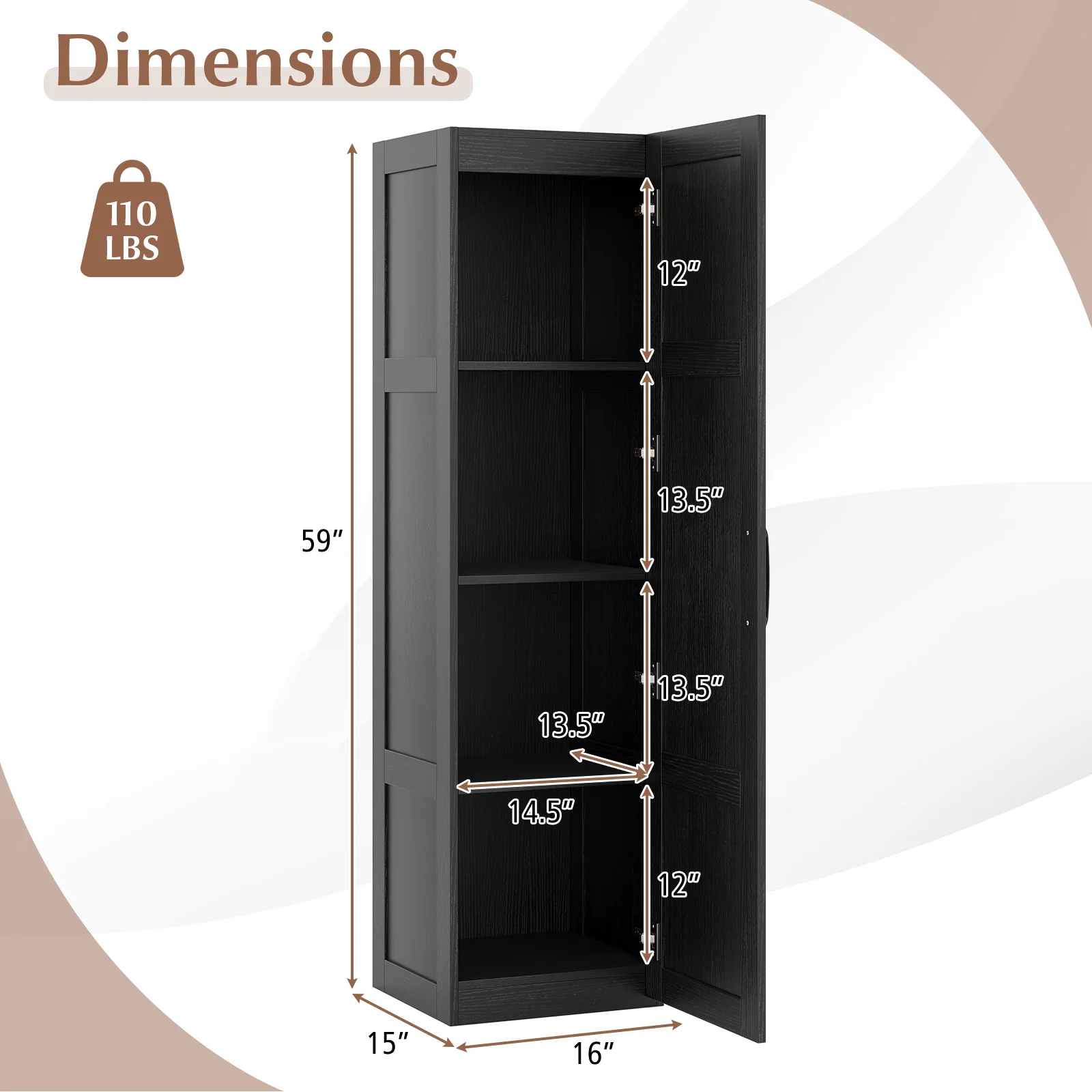 Tall Storage Cabinet, 4 Shelves, Bathroom Living Room, Black - Image 6