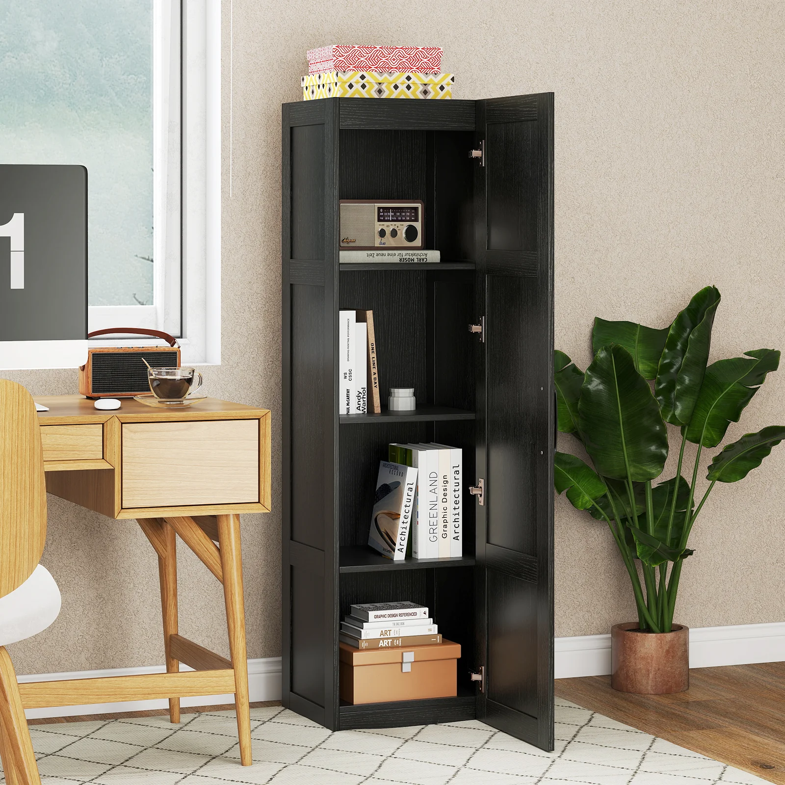 Tall Storage Cabinet, 4 Shelves, Bathroom Living Room, Black - Image 7
