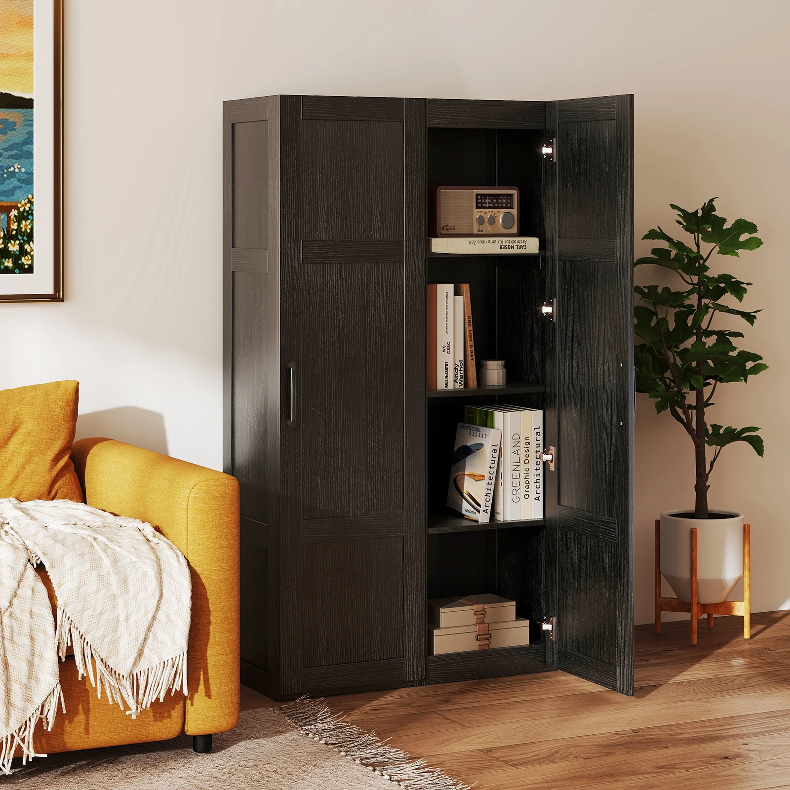 Tall Storage Cabinet, 4 Shelves, Bathroom Living Room, Black - Image 8