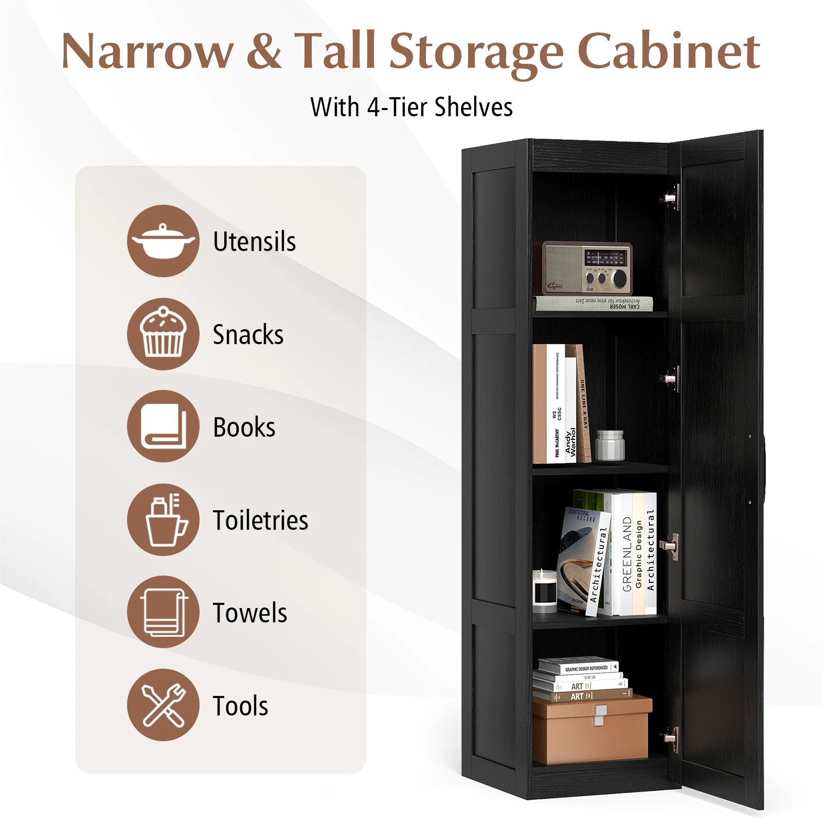 Tall Storage Cabinet, 4 Shelves, Bathroom Living Room, Black - Image 9
