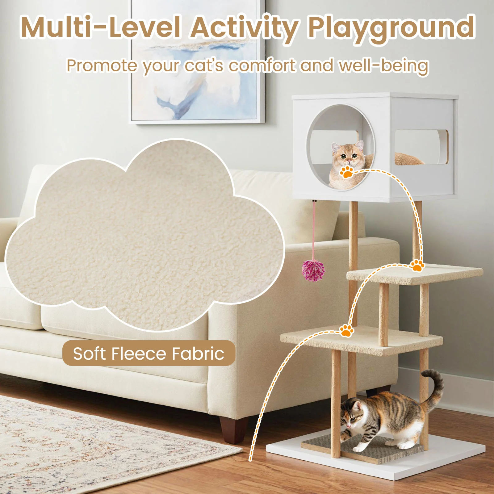Tall Wood Cat Tower with 2 Corrugated Cardboard, White - Image 10
