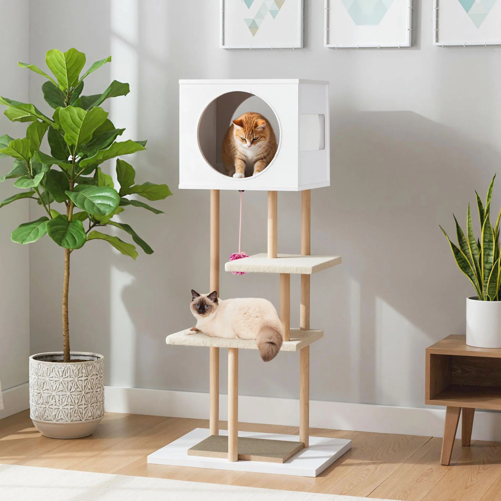 Tall Wood Cat Tower with 2 Corrugated Cardboard, White - Image 2