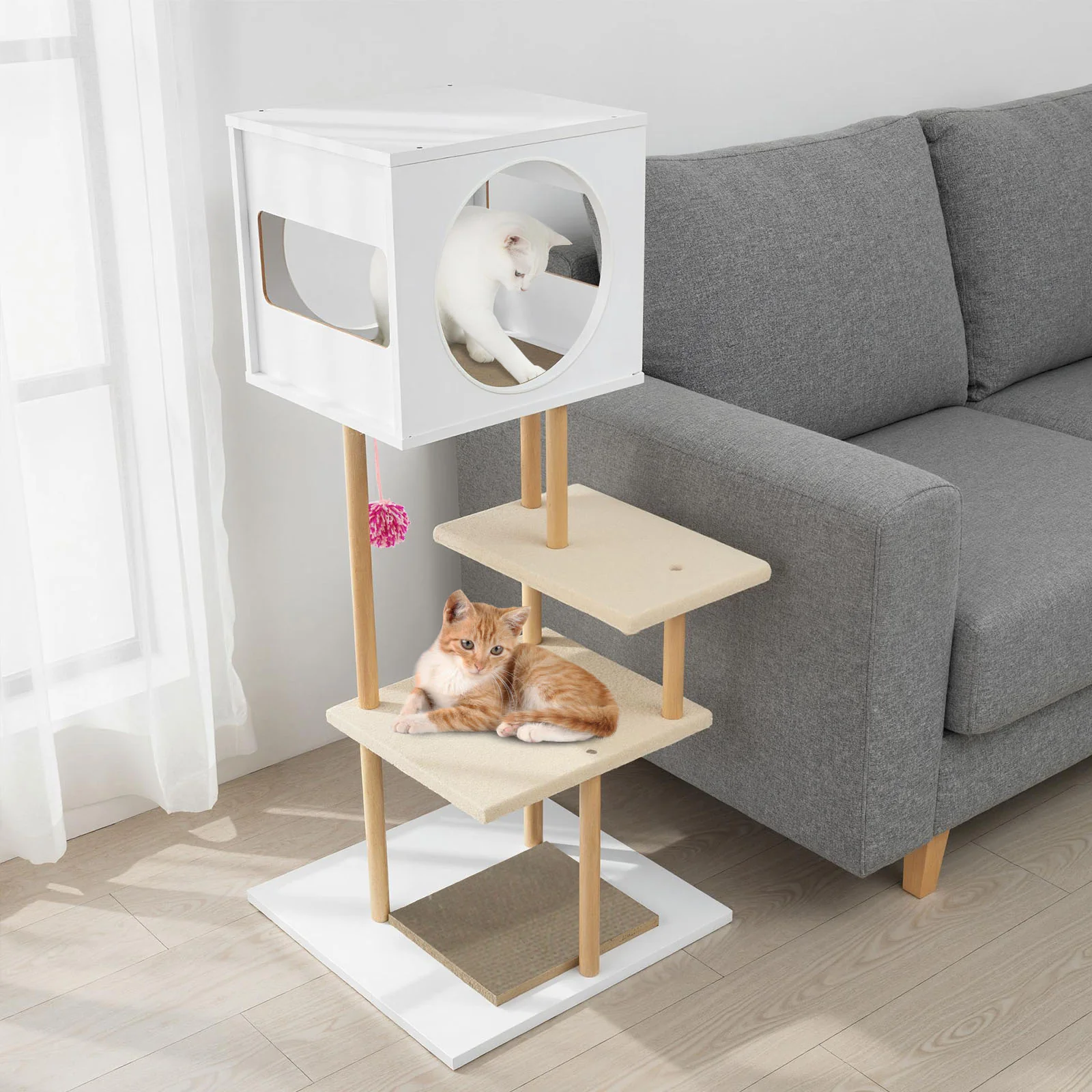Tall Wood Cat Tower with 2 Corrugated Cardboard, White - Image 3