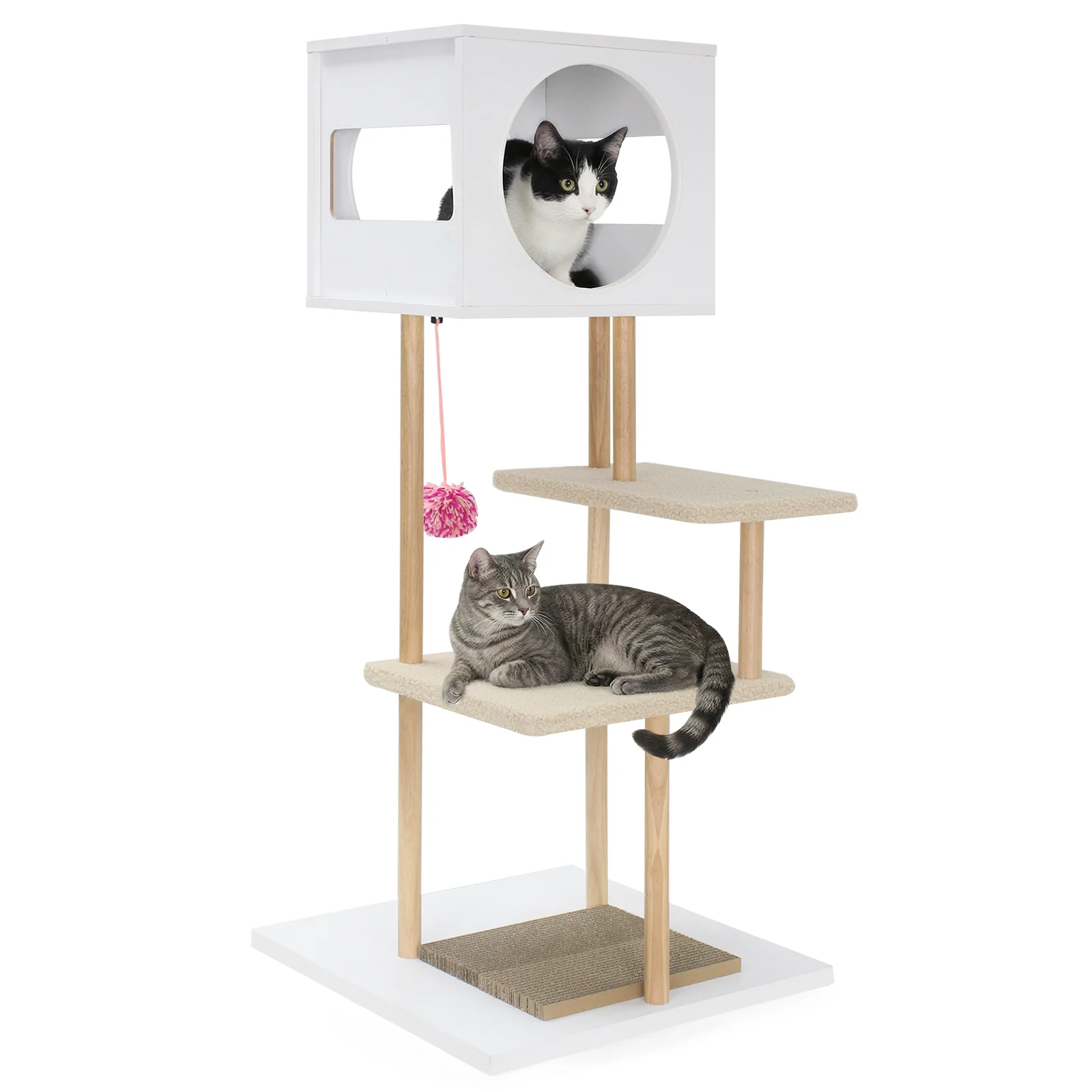 Tall Wood Cat Tower with 2 Corrugated Cardboard, White - Image 4