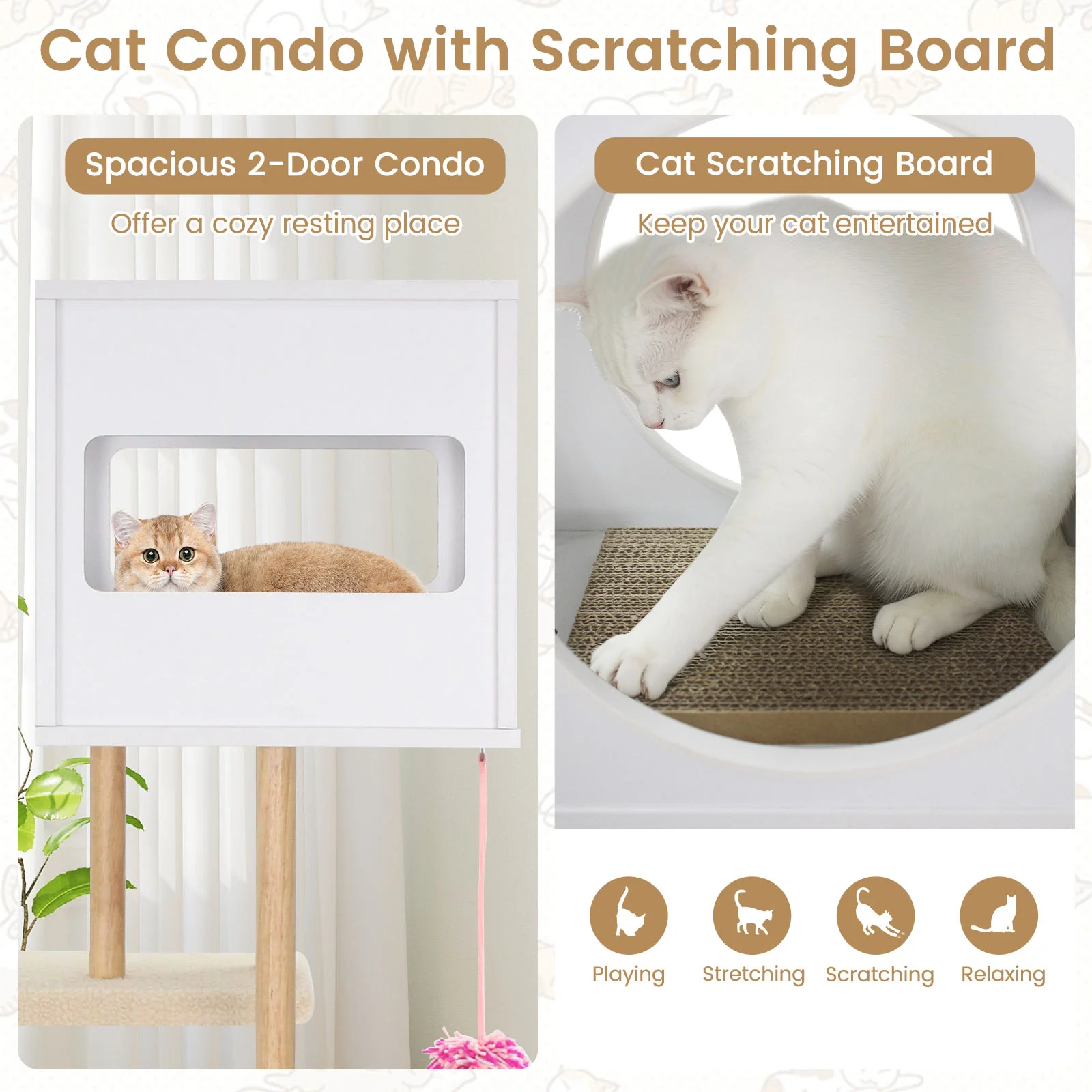 Tall Wood Cat Tower with 2 Corrugated Cardboard, White - Image 7