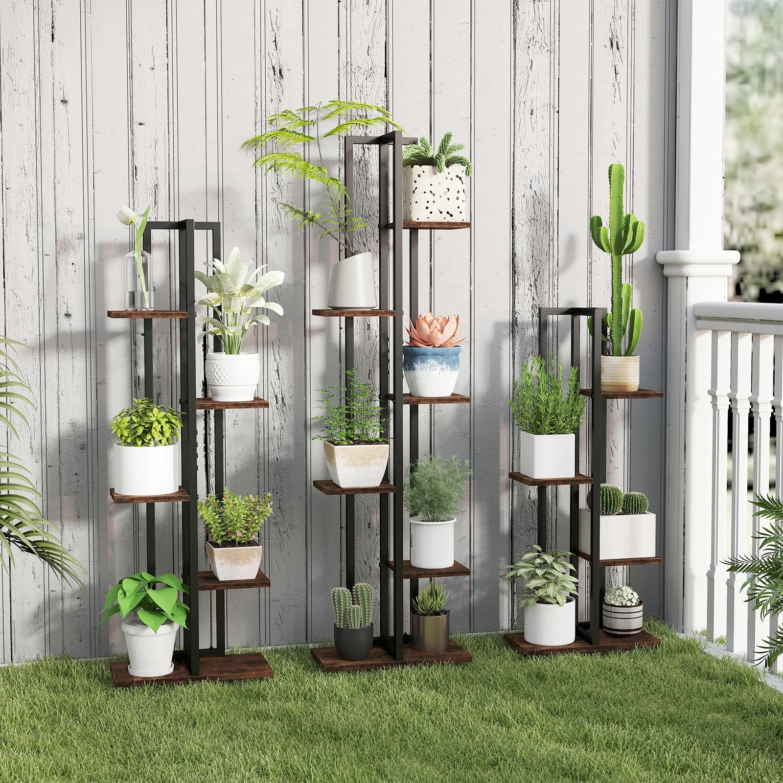 Tall Wood Plant Stand Set, 3 Pieces, 4+5+6-Tier, Rustic Brown - Image 2