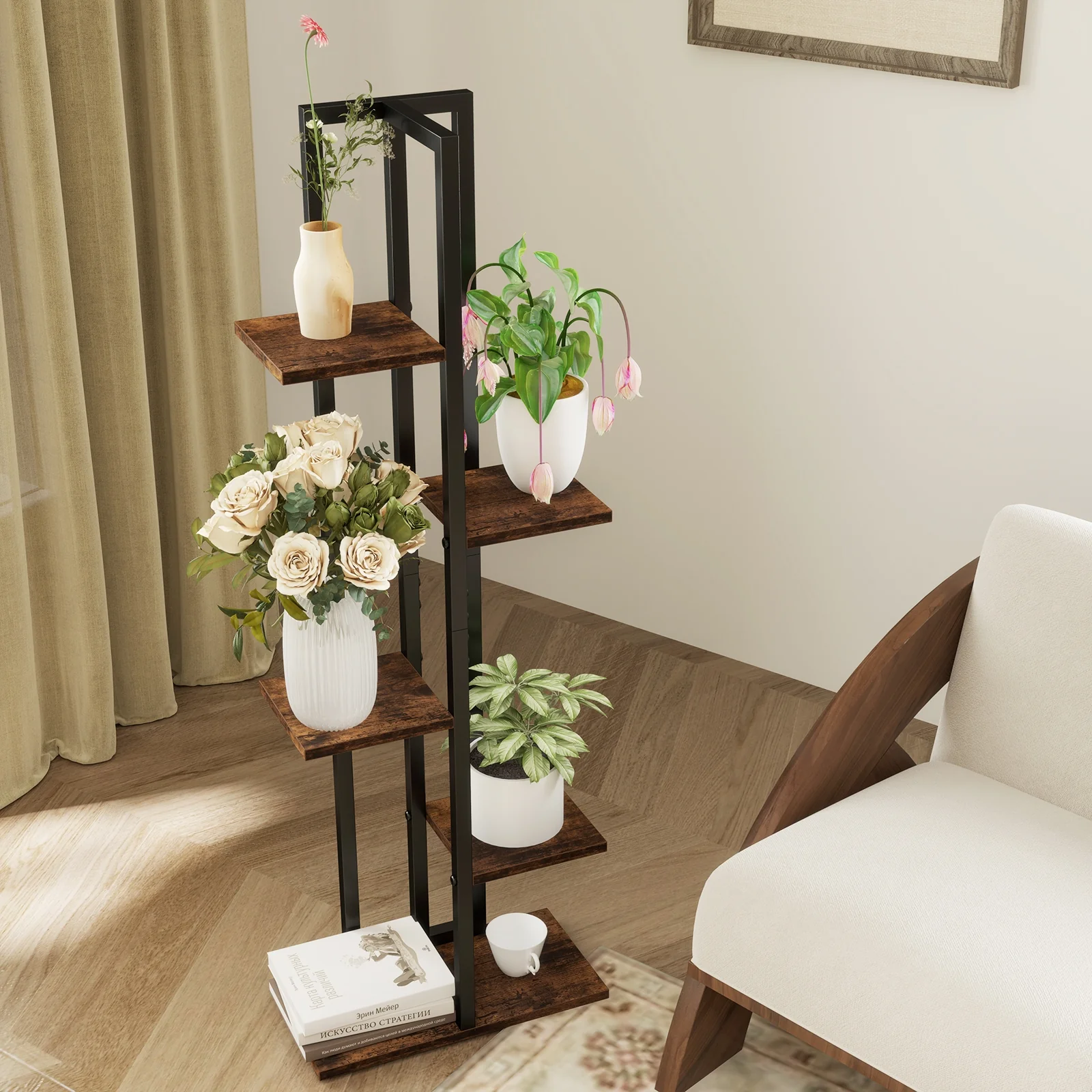 Tall Wood Plant Stand Set, 3 Pieces, 4+5+6-Tier, Rustic Brown - Image 3