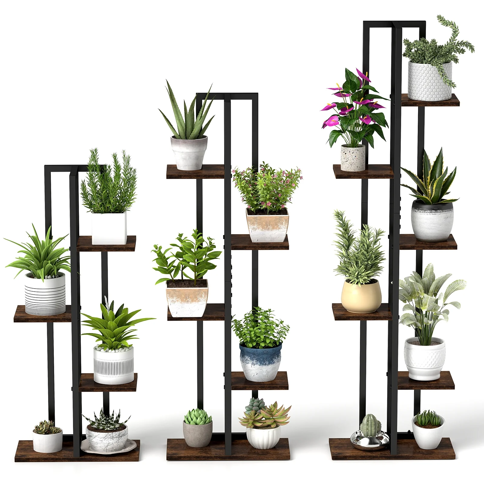 Tall Wood Plant Stand Set, 3 Pieces, 4+5+6-Tier, Rustic Brown - Image 4