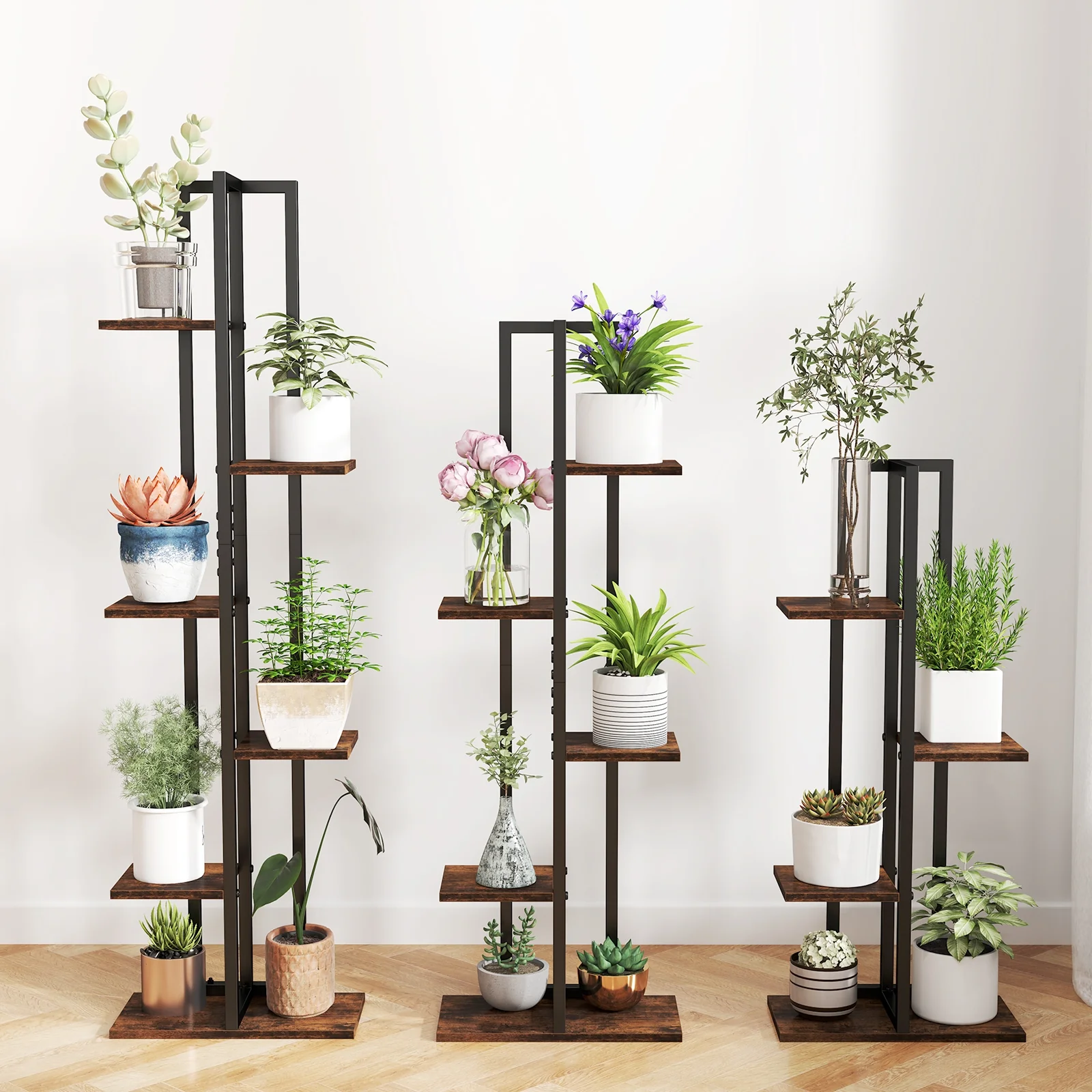 Tall Wood Plant Stand Set, 3 Pieces, 4+5+6-Tier, Rustic Brown - Image 6