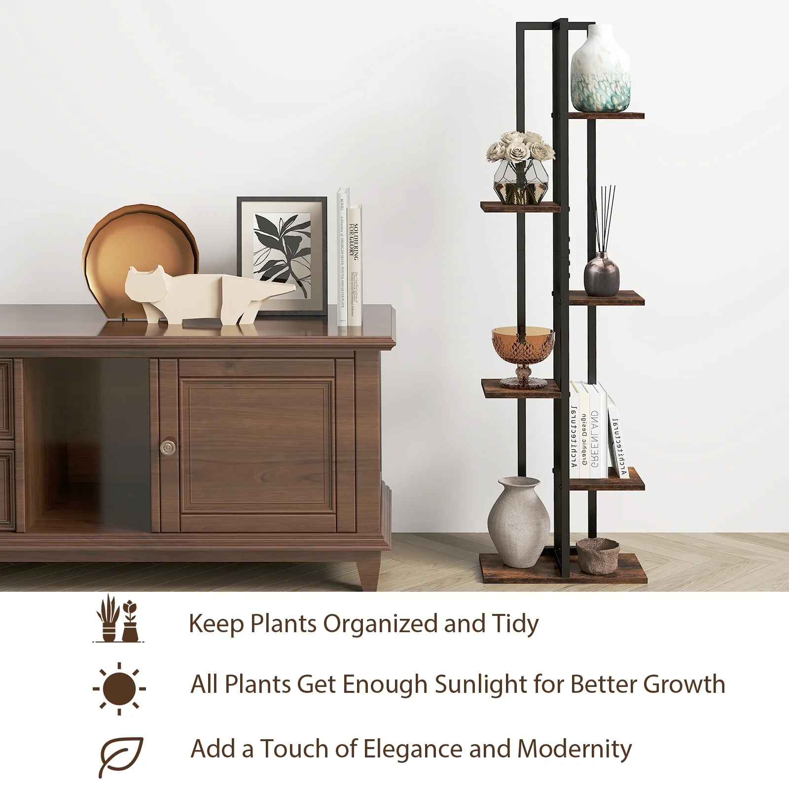 Tall Wood Plant Stand Set, 3 Pieces, 4+5+6-Tier, Rustic Brown - Image 7
