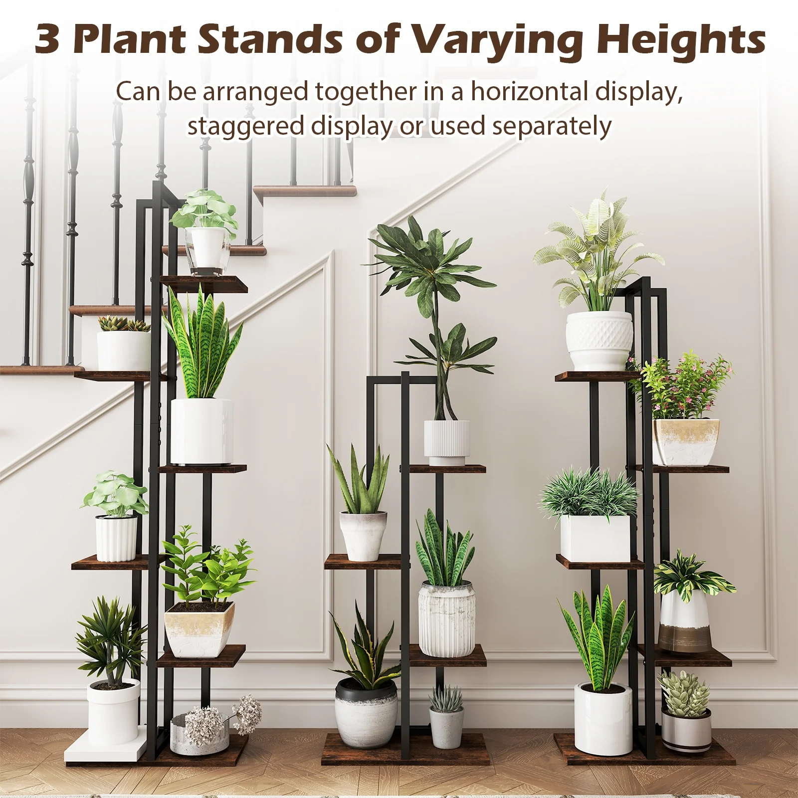 Tall Wood Plant Stand Set, 3 Pieces, 4+5+6-Tier, Rustic Brown - Image 8