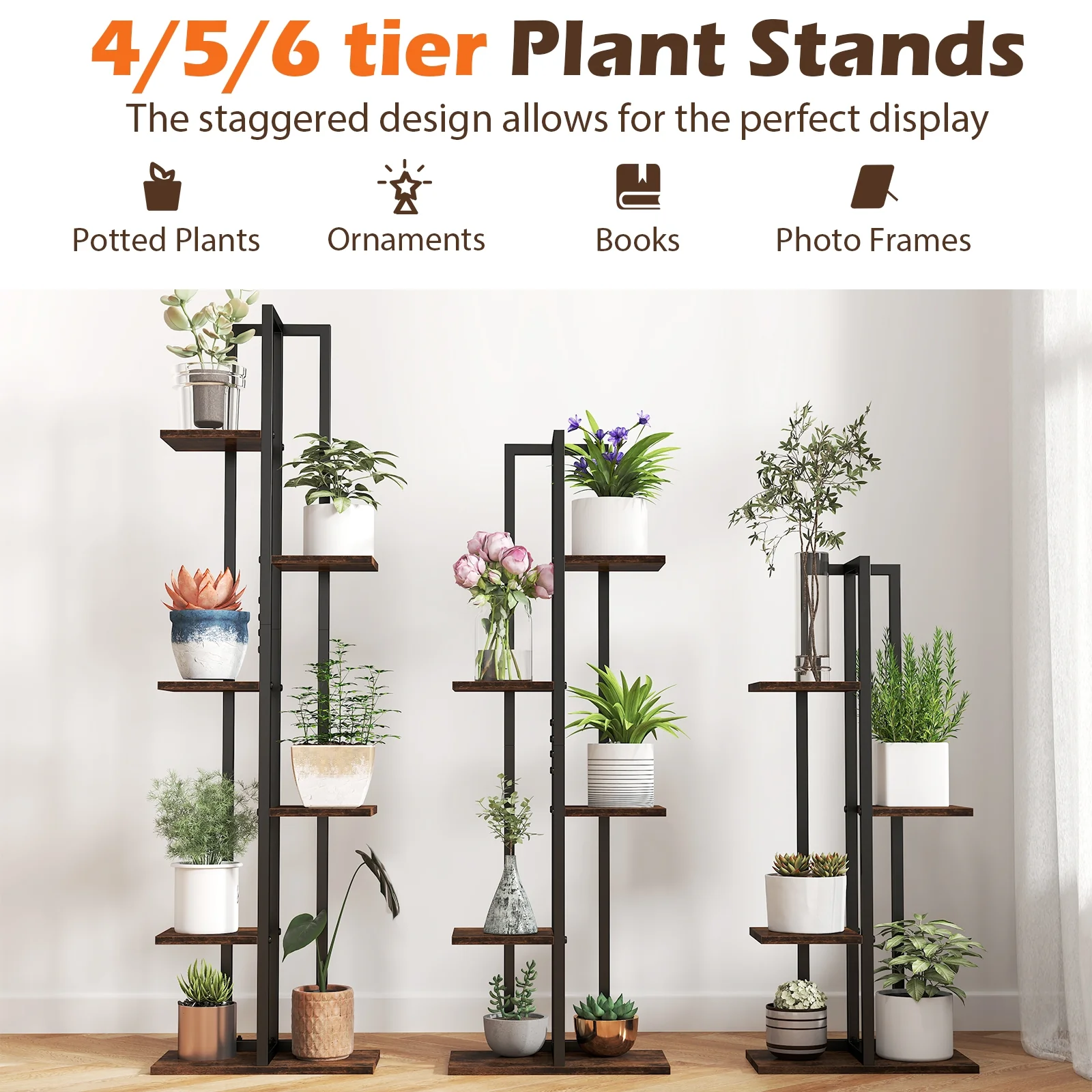 Tall Wood Plant Stand Set, 3 Pieces, 4+5+6-Tier, Rustic Brown - Image 9