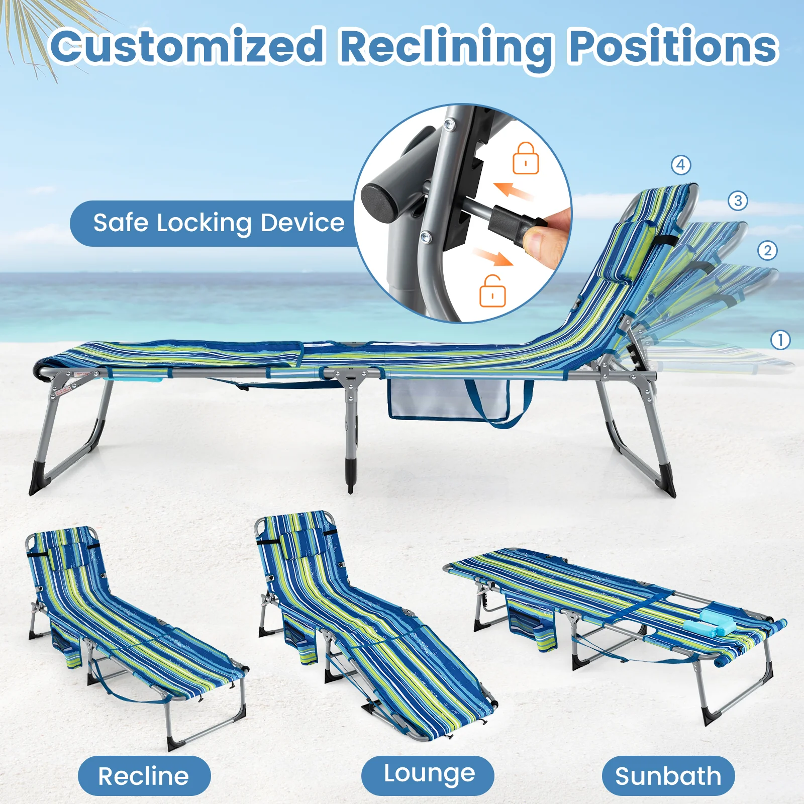Tanning Chair With Face Arm Holes, Portable Sunbathing Chair, Green - Image 6