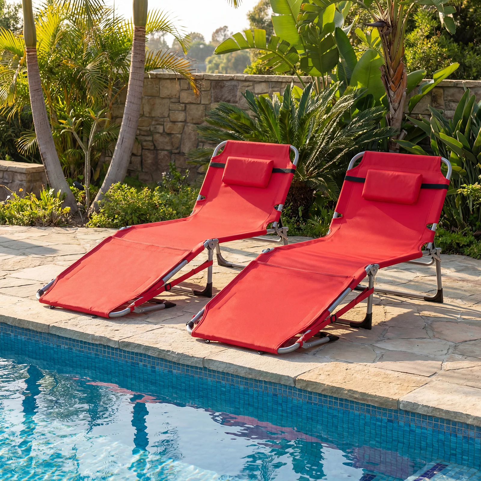 Tanning Chair With Face Arm Holes, Portable Sunbathing Chair, Red - Image 3