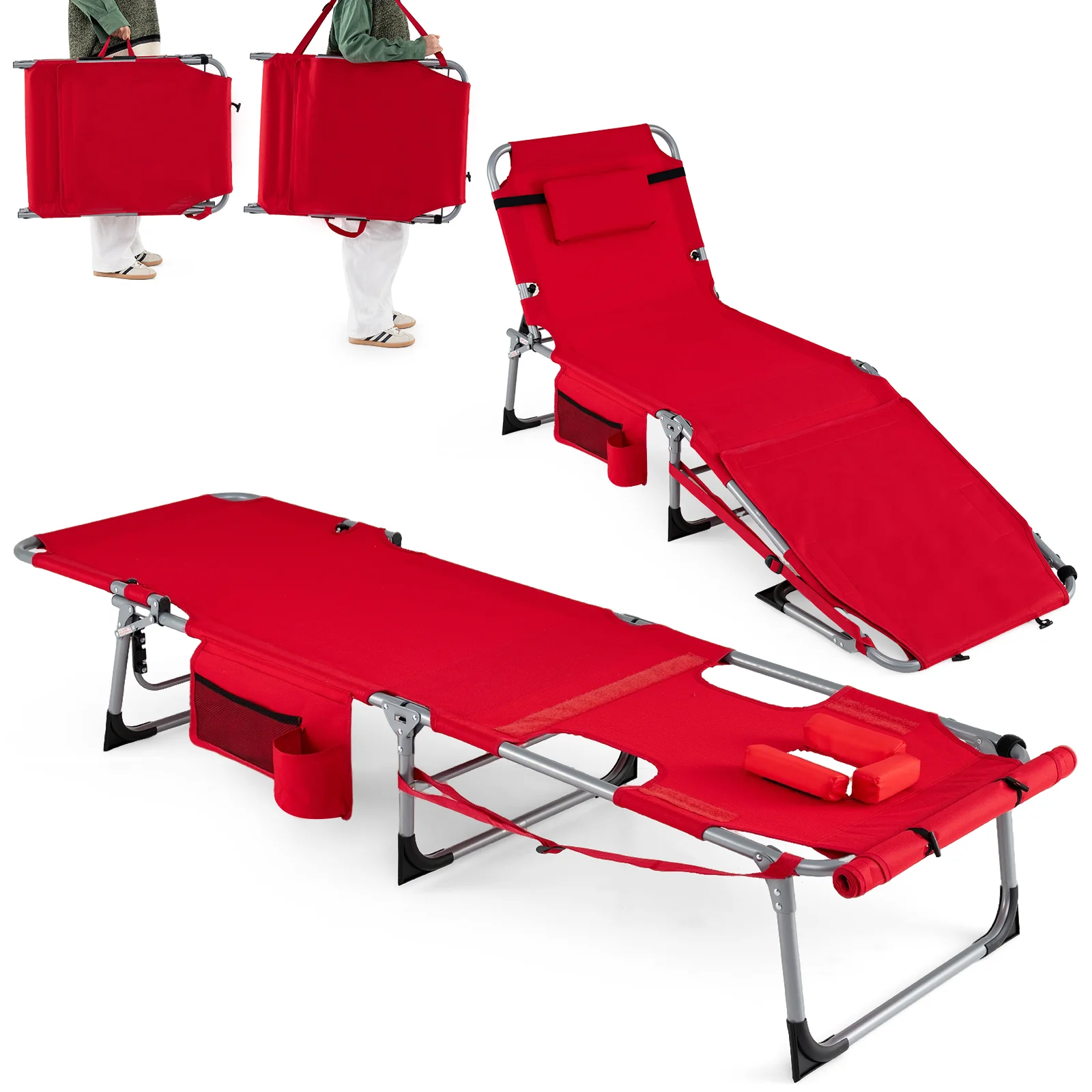 Tanning Chair With Face Arm Holes, Portable Sunbathing Chair, Red - Image 4