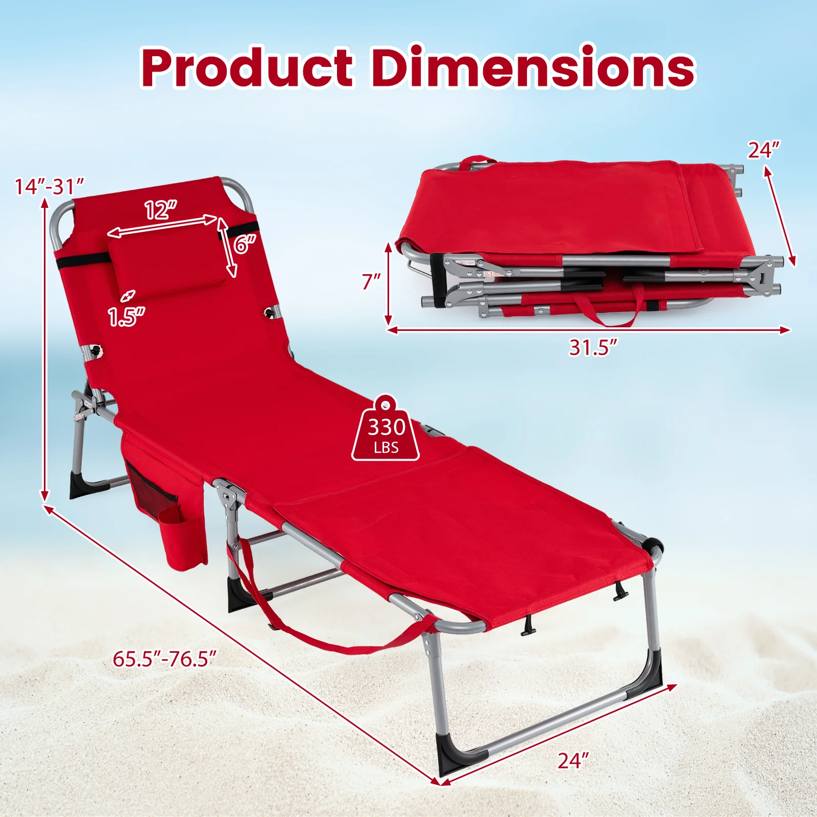 Tanning Chair With Face Arm Holes, Portable Sunbathing Chair, Red - Image 5