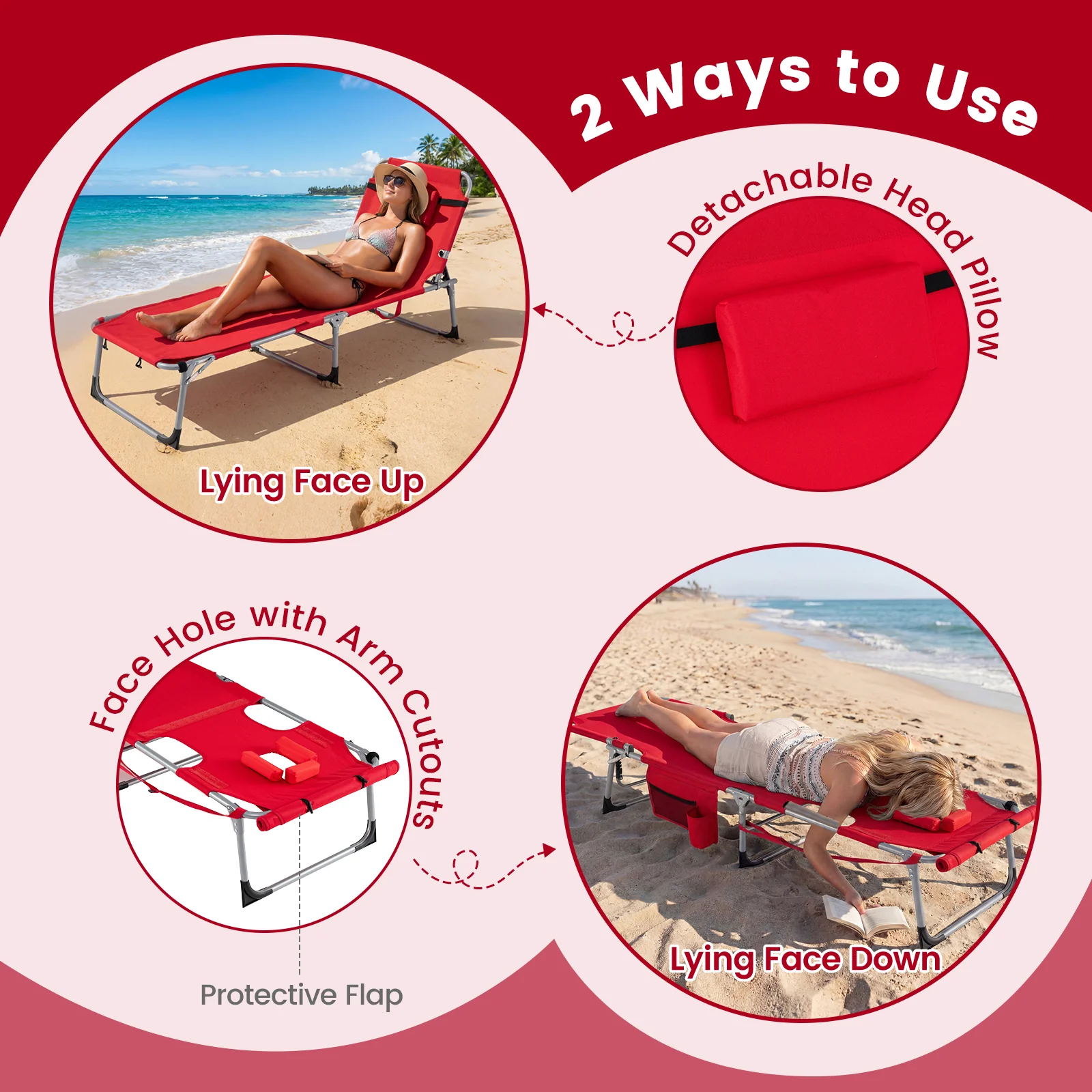 Tanning Chair With Face Arm Holes, Portable Sunbathing Chair, Red - Image 7