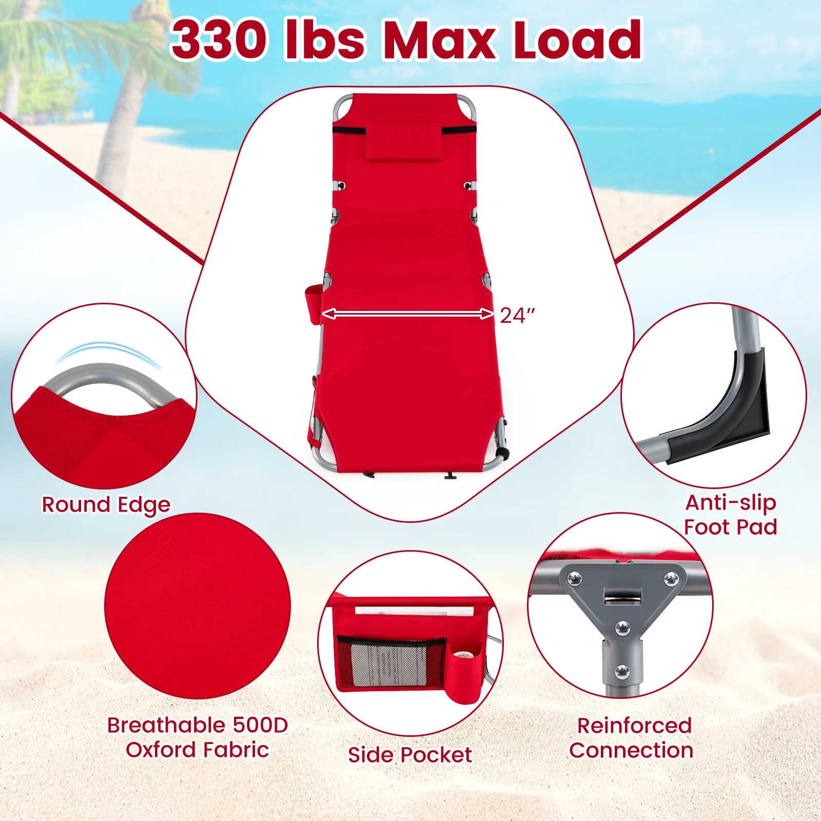 Tanning Chair With Face Arm Holes, Portable Sunbathing Chair, Red - Image 8