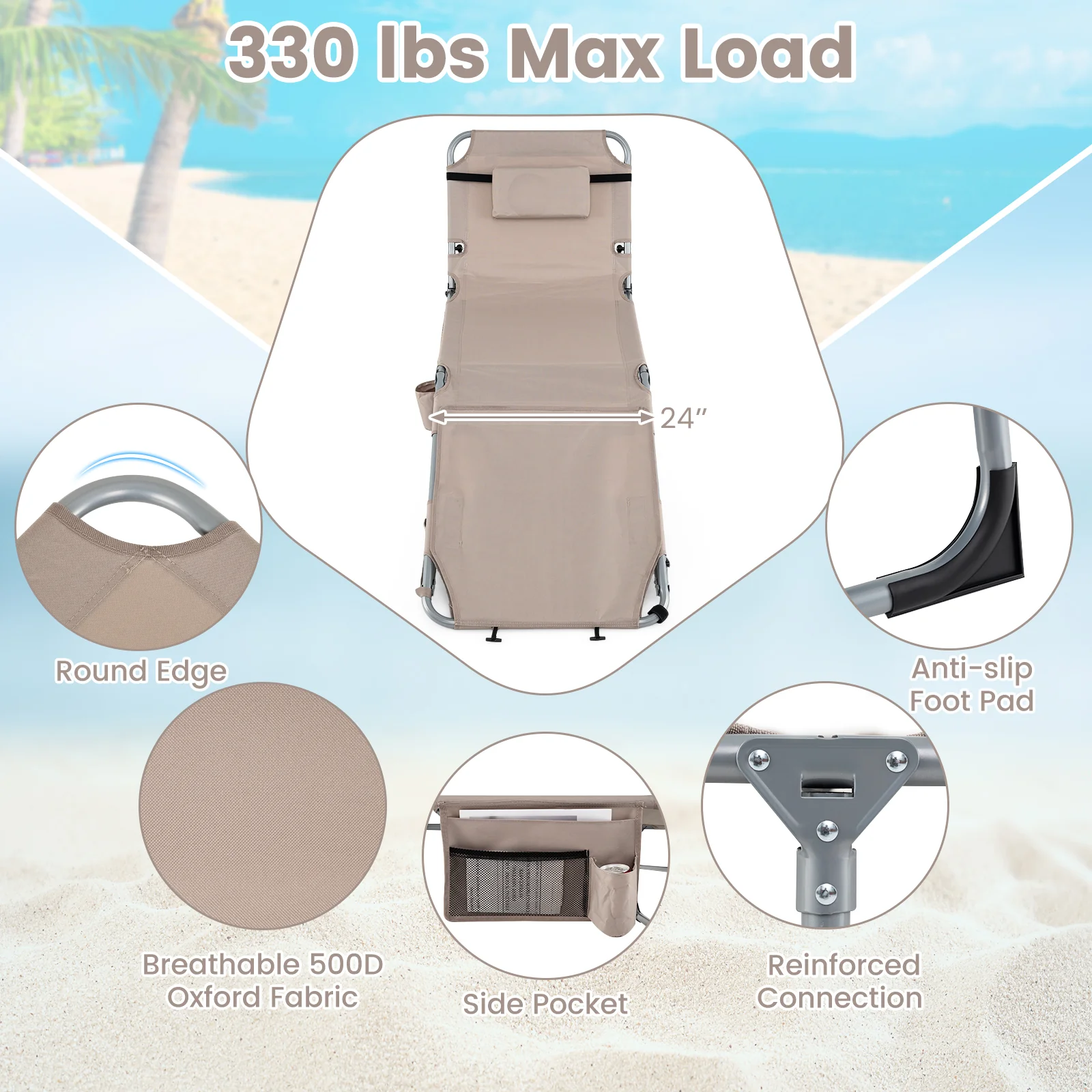 Tanning Chairs, Set of 2, 4-Level Backrest, Face Arm Holes, Beige - Image 10